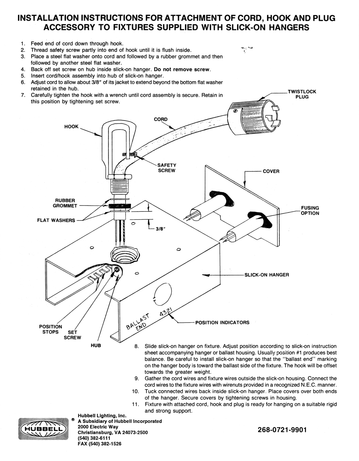 Hubbell lighting HOOK & PLUG, CORD User Manual