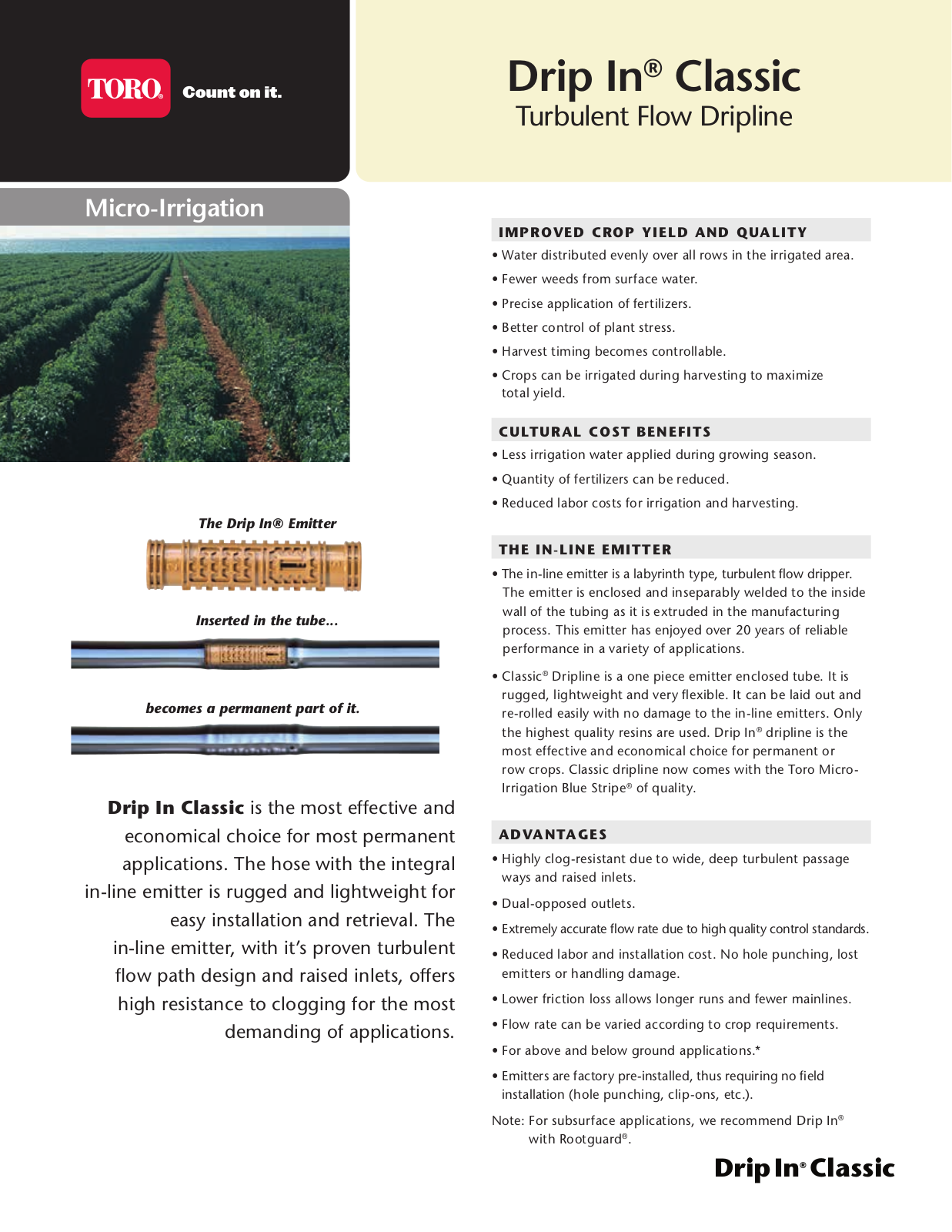 Toro Drip In Classic, Drip In Classic Soaker Dripline Data Sheet