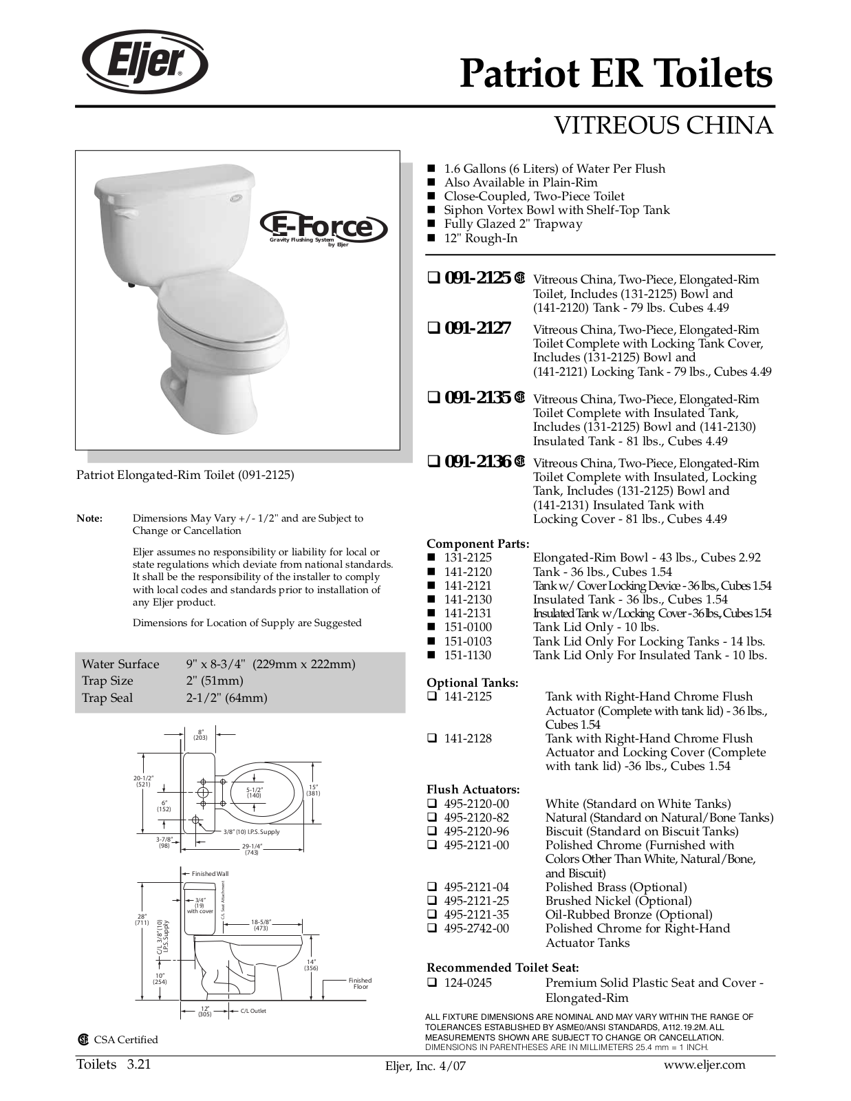 American Standard 091-2125, 091-2136, 091-2127, 091-2135 User Manual