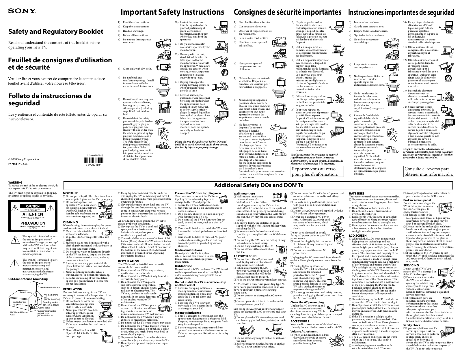 Sony XBR-52LX900, XBR-52HX909, NSX-32GT1, KDL-60NX800, KDL-55EX501 Safety and Regulatory Booklet