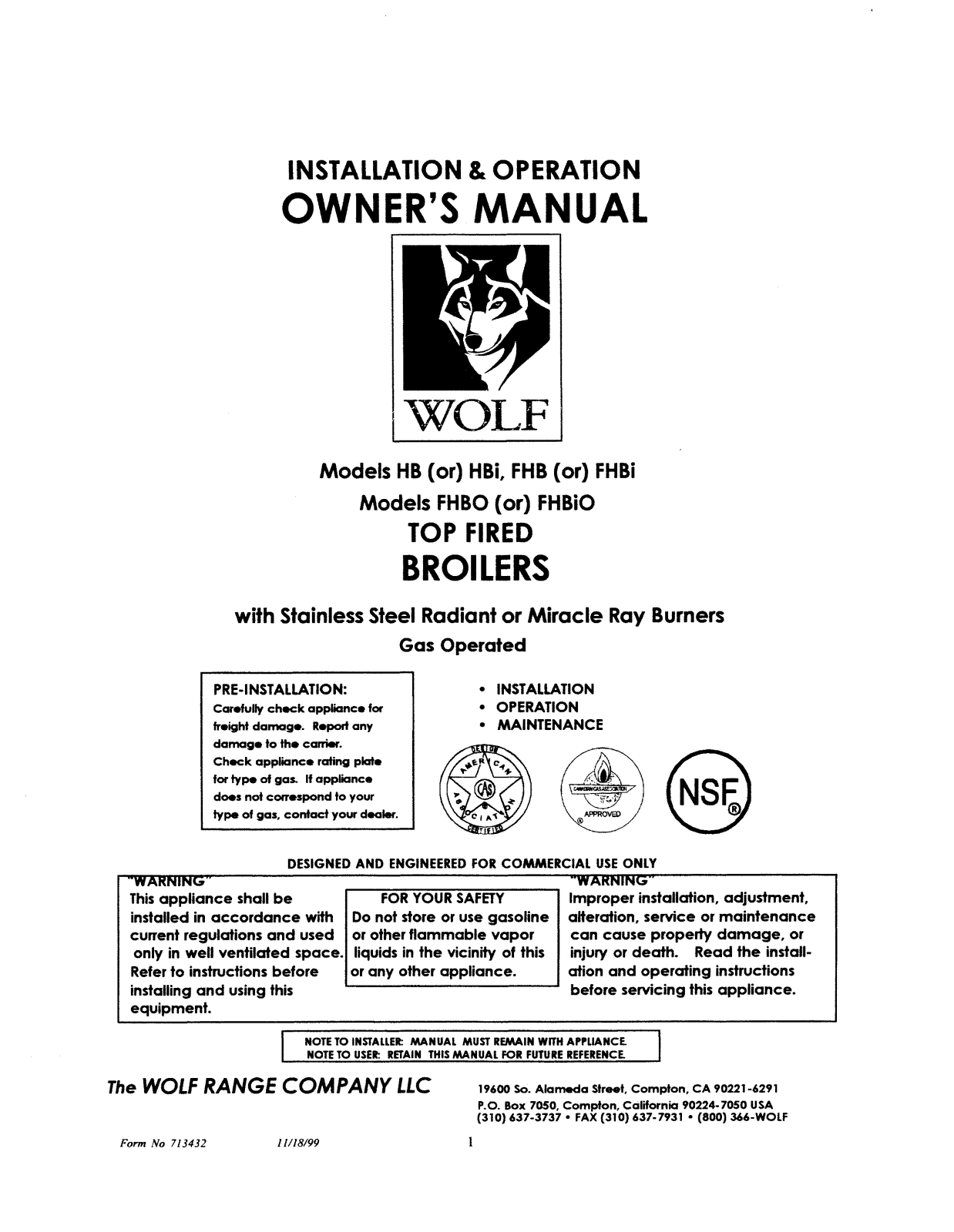 Wolf Range HB, HBi, FHB, FHBi, FHBO General Manual