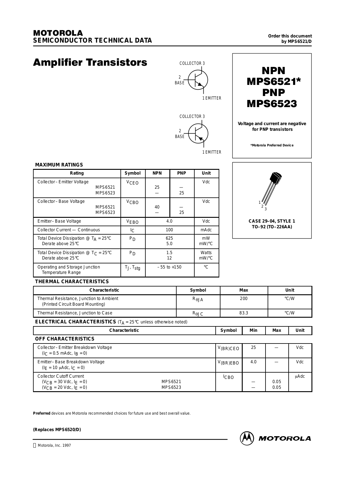 MOTOROLA MPS6521, MPS6521RLRA, MPS6523RLRM Datasheet