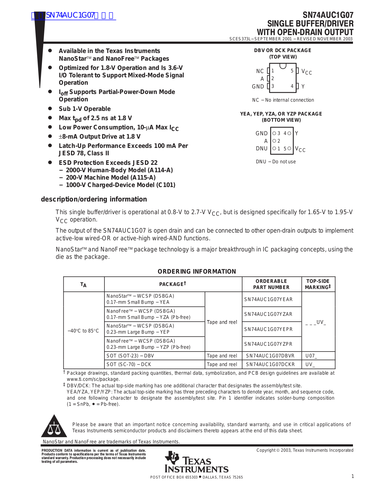 TEXAS INSTRUMENTS SN74AUC1G07 Technical data