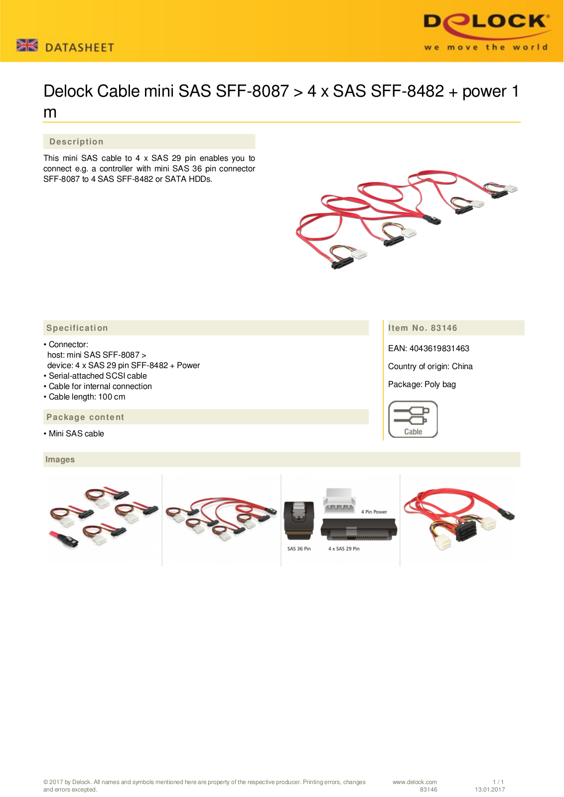 DeLOCK mini SAS SFF-8087 to 4x SAS SFF-8482 cable, 1m User Manual