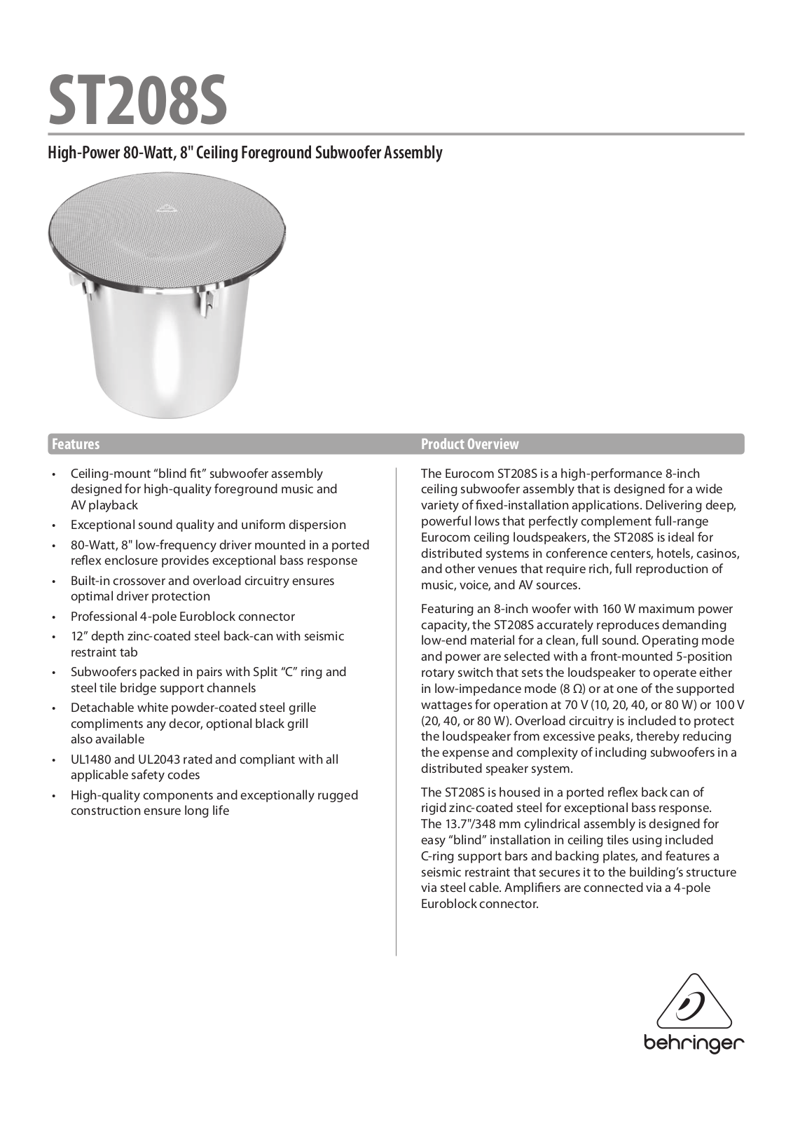 Behringer ST208S Specification Sheet