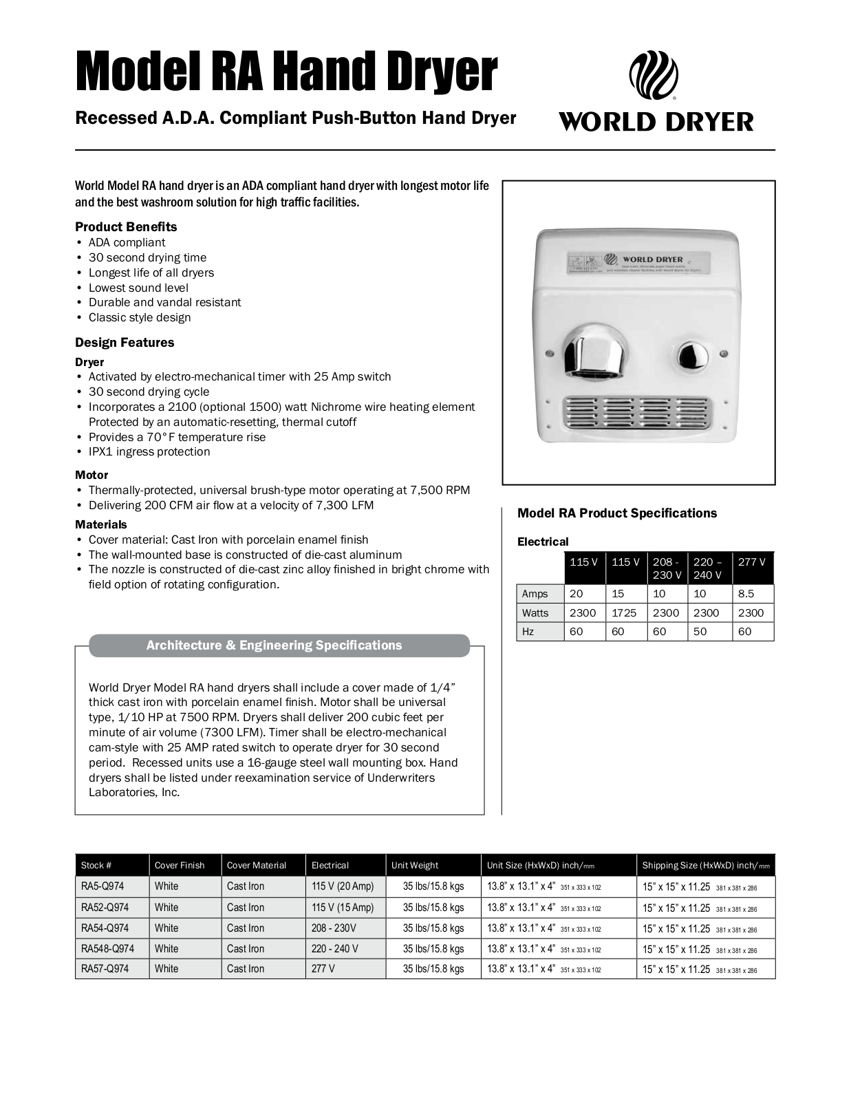 World Dryer RA User Manual