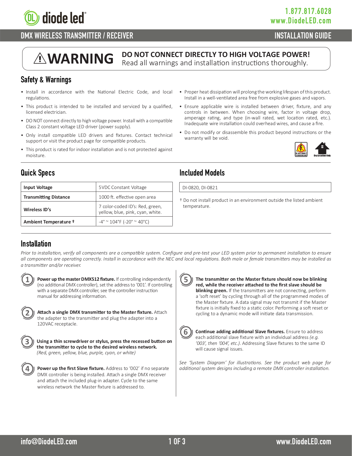 Diode LED DMX Wireless Transmitter Reciever User Manual