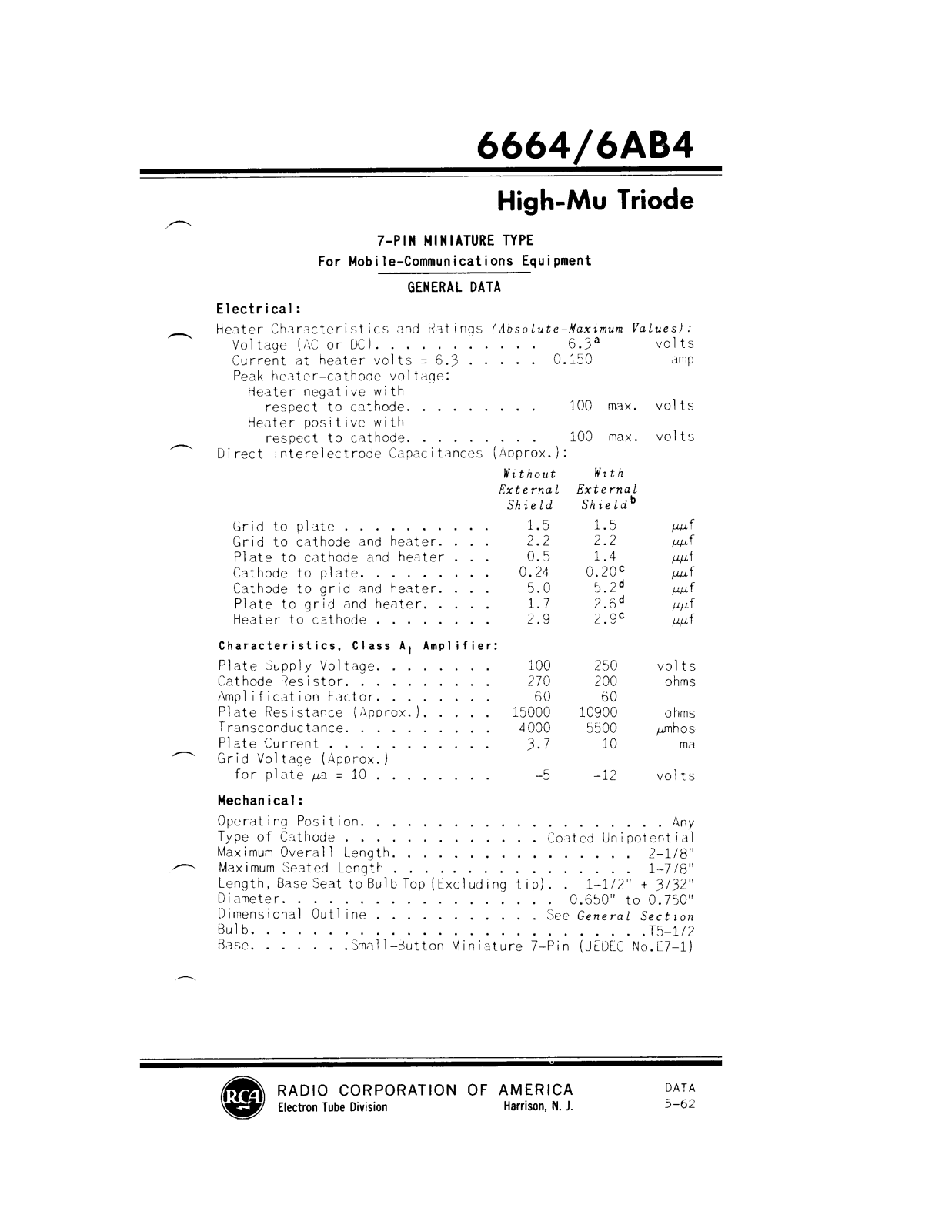 RCA 6ab4, 6664 DATASHEETS