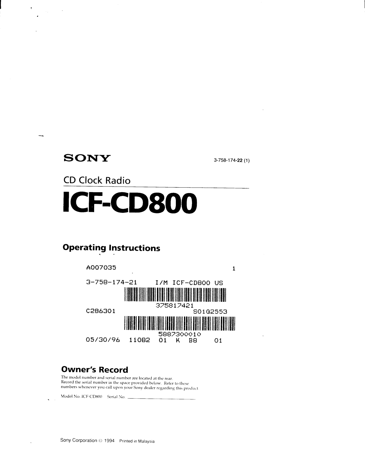 Sony ICF-CD800 Operating Instructions