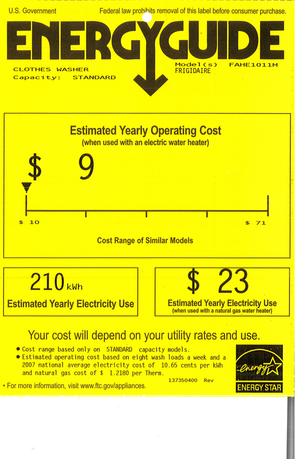 Frigidaire FAHE1011MW Energy Guide