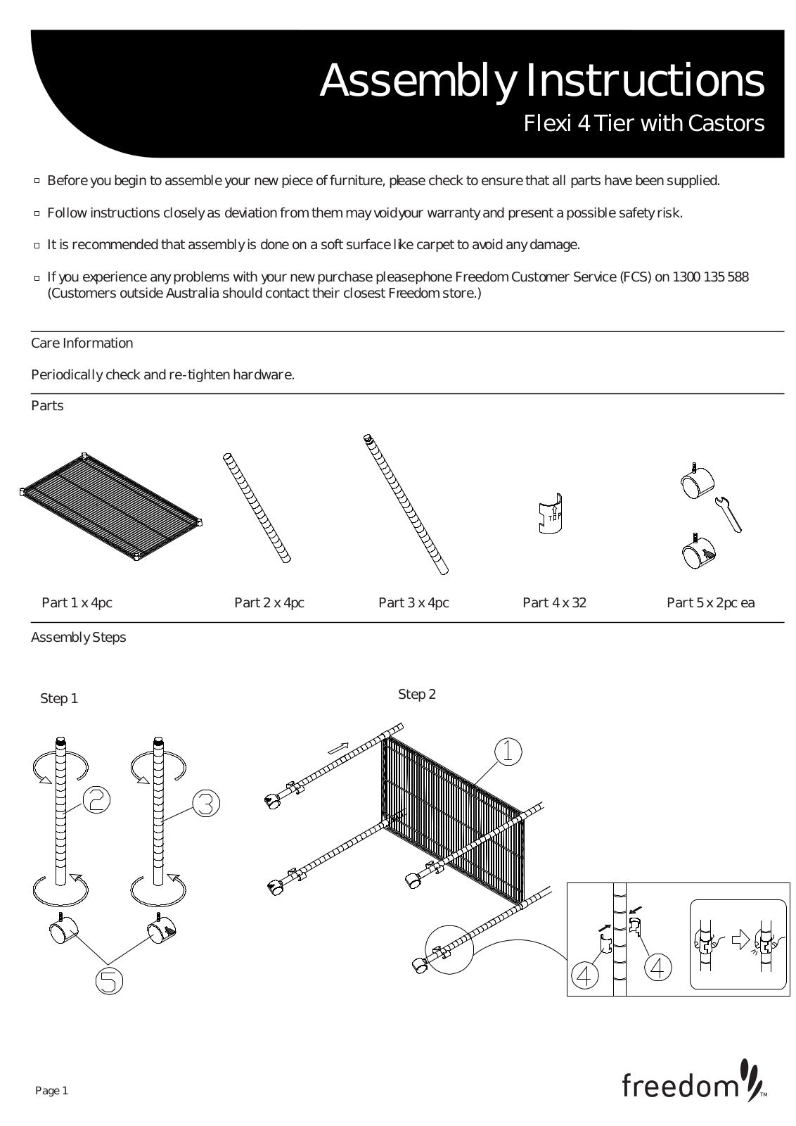 Freedom Flexi 4 Tier with Castors Assembly Instruction