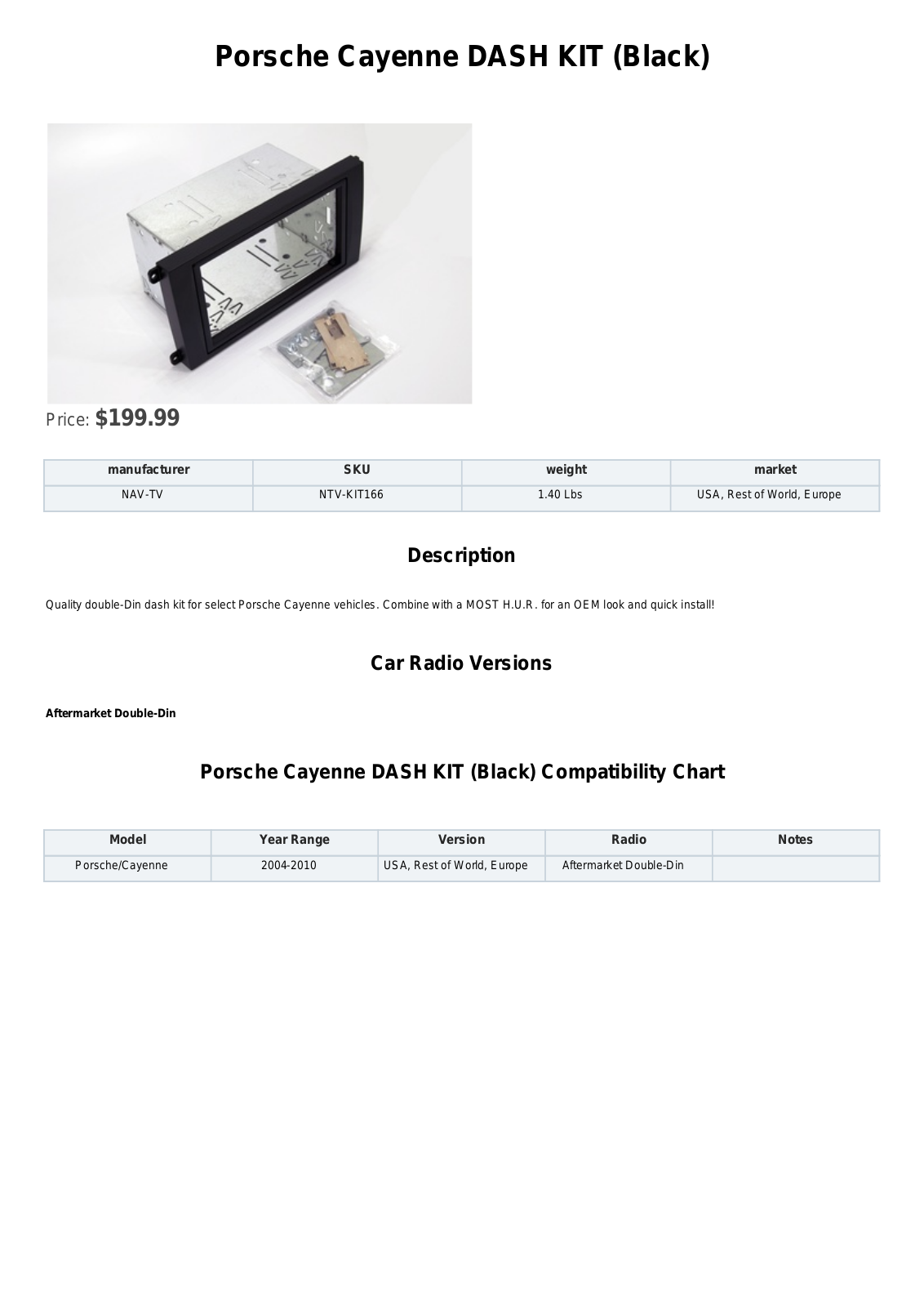 NAV-TV Porsche Cayenne DASH KIT (Black) Specification Sheet