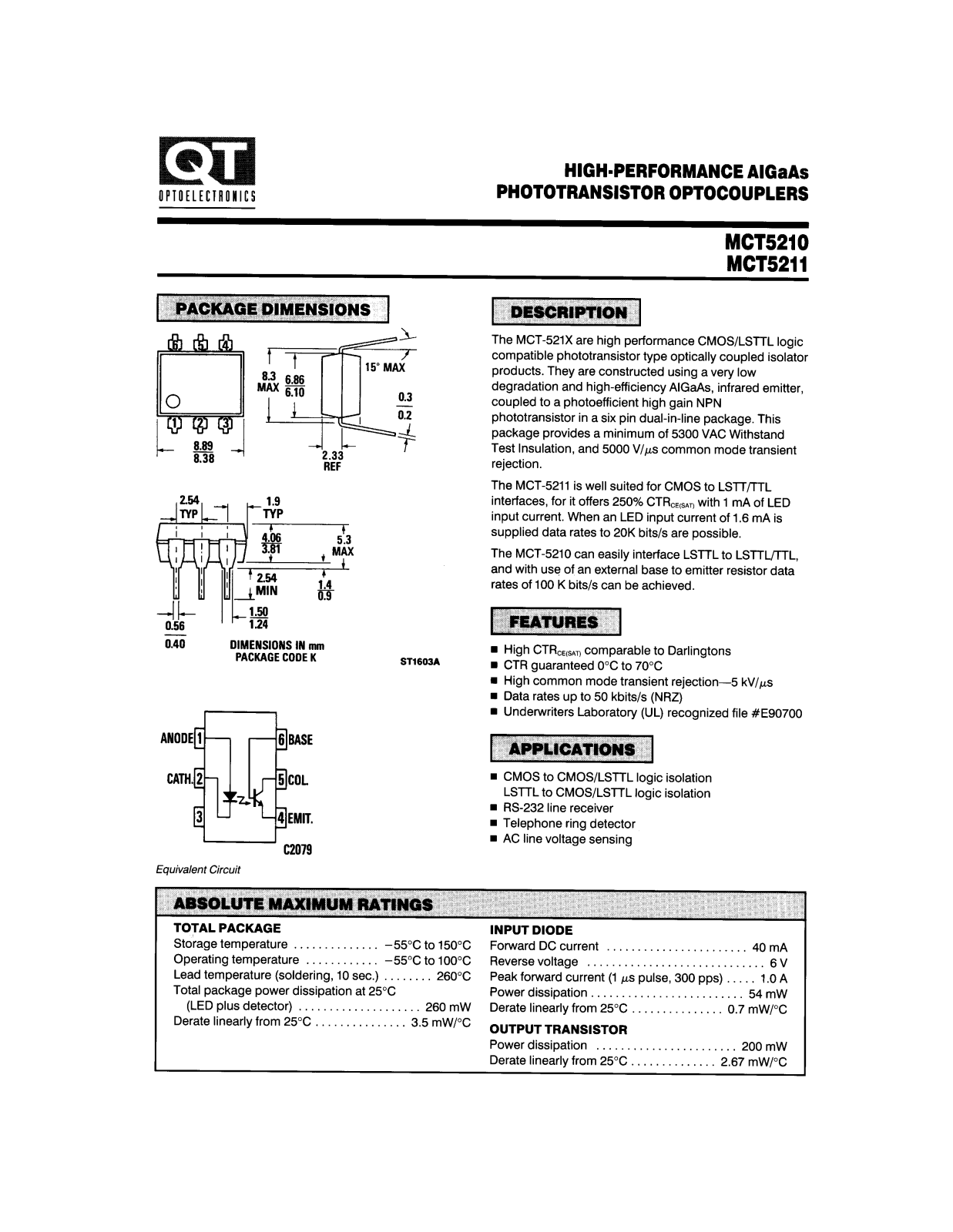 QT MCT5211, MCT5210 Datasheet