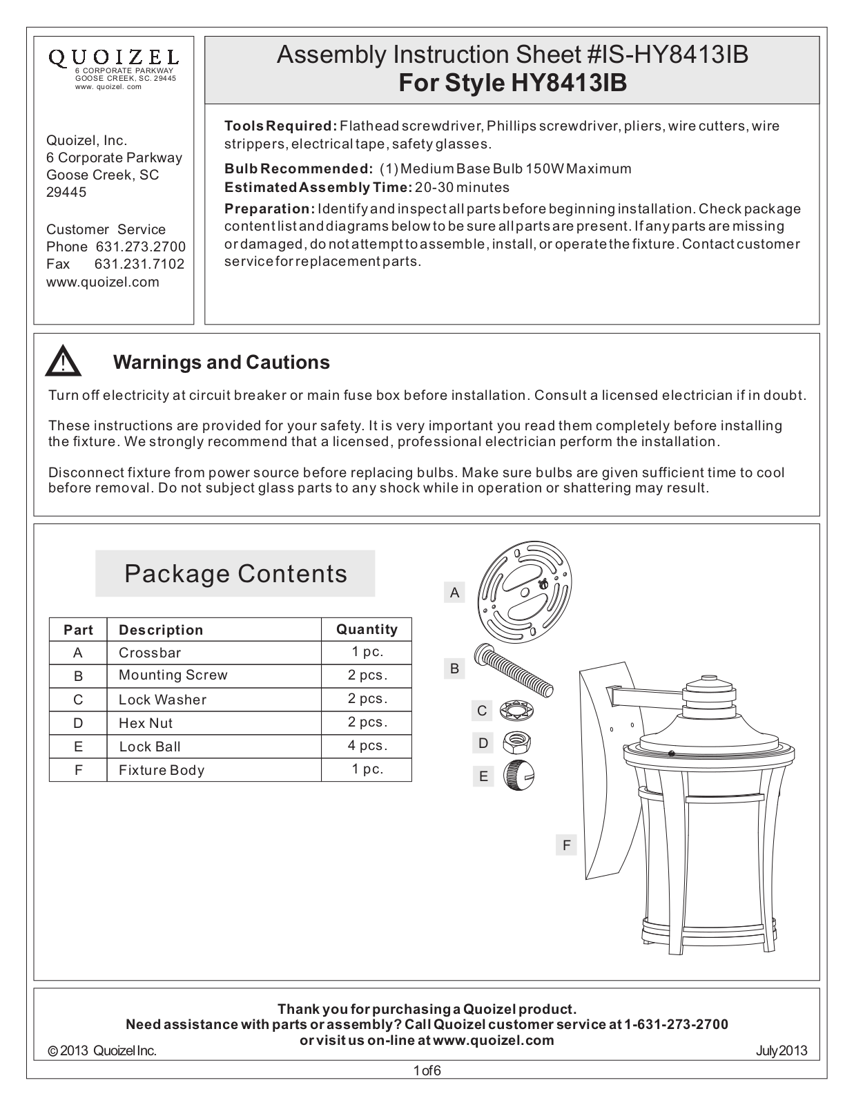 Quoizel HY8413IB User Manual