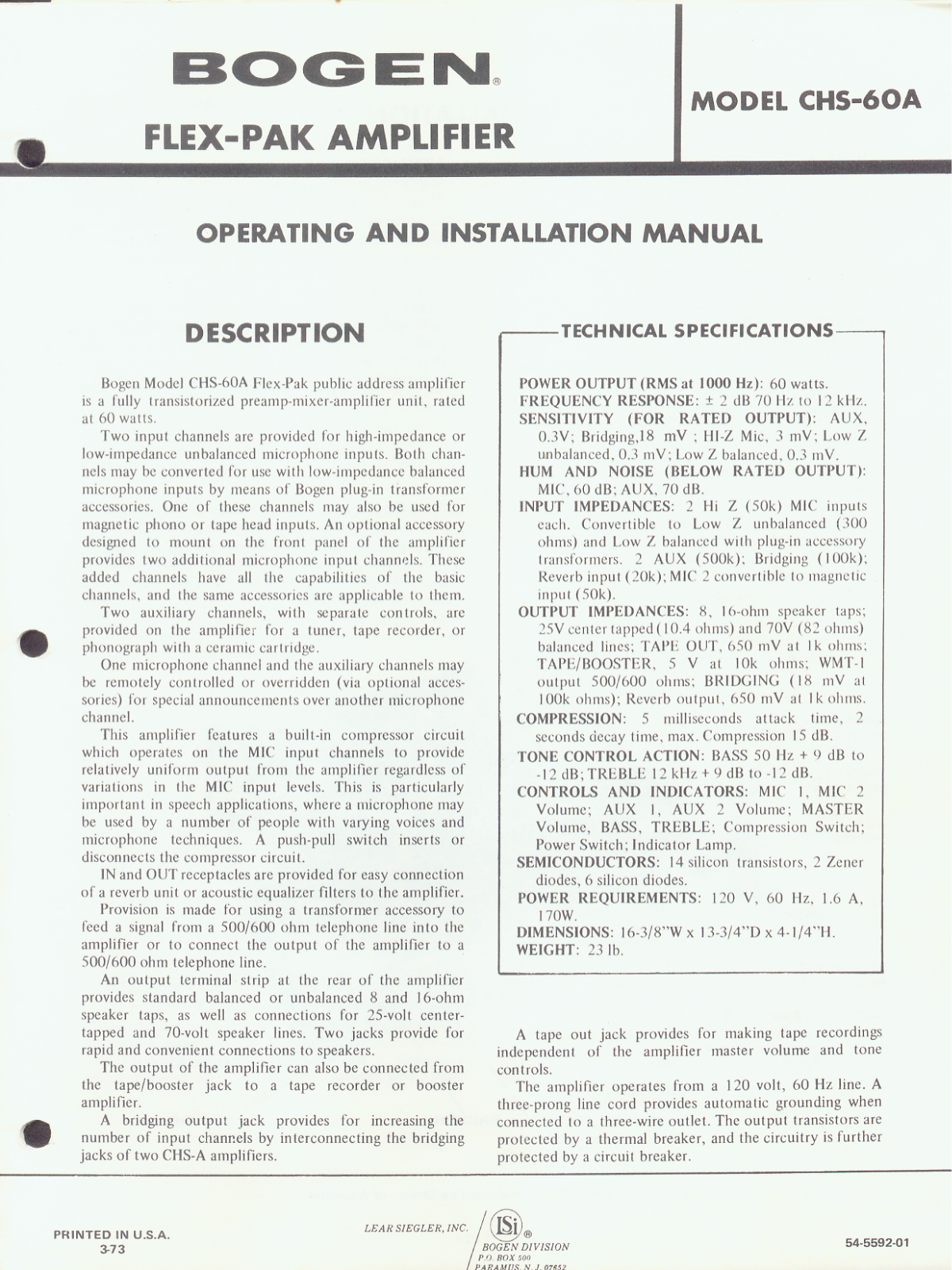 Bogen CHS60A Service Manual