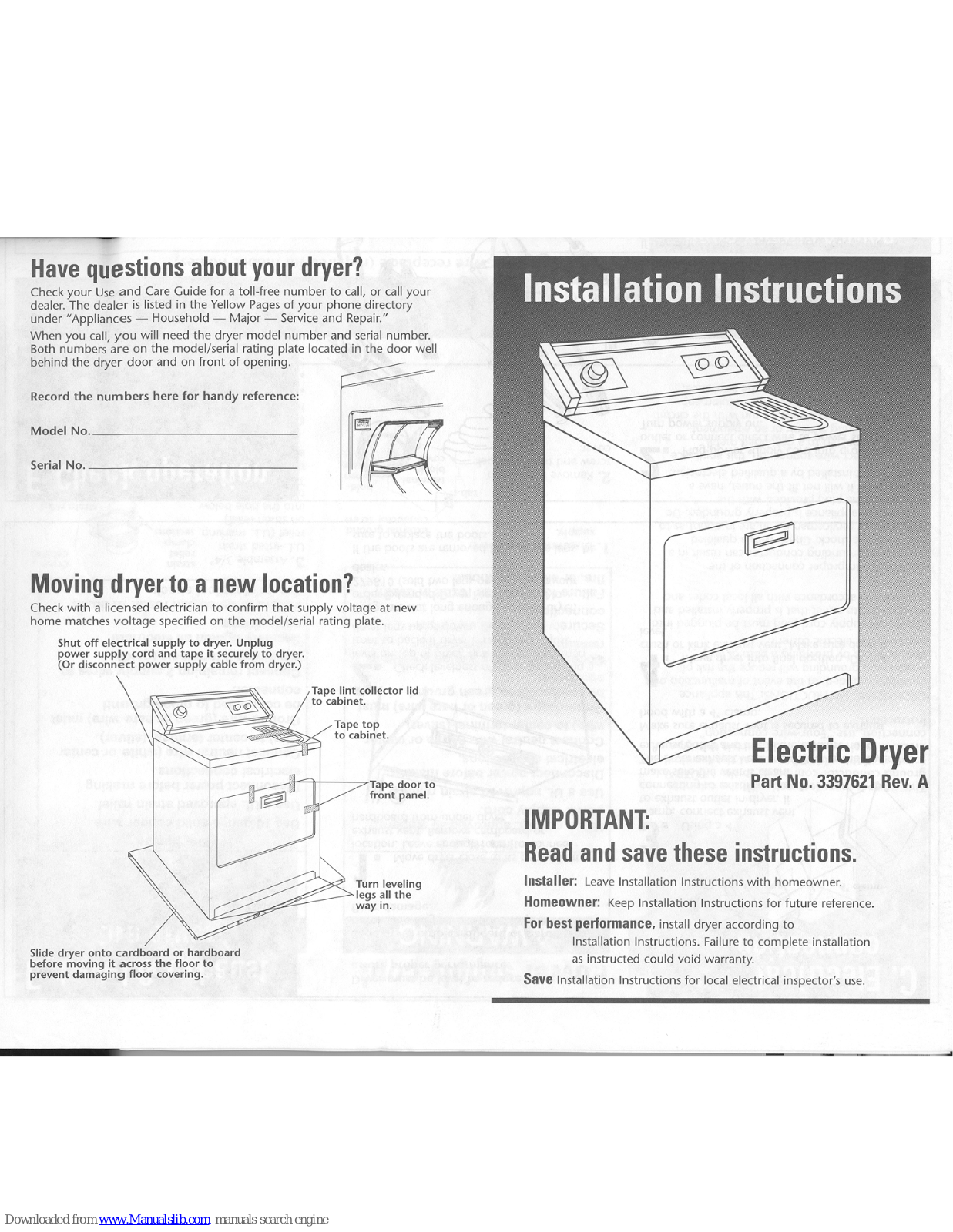 Maytag 3397621 Installation Manual