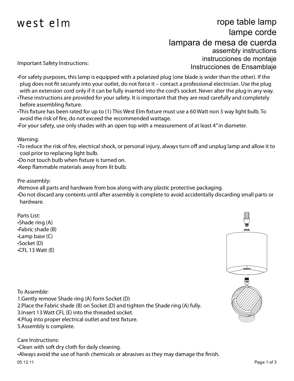 West Elm Rope Table Lamp Assembly Instruction