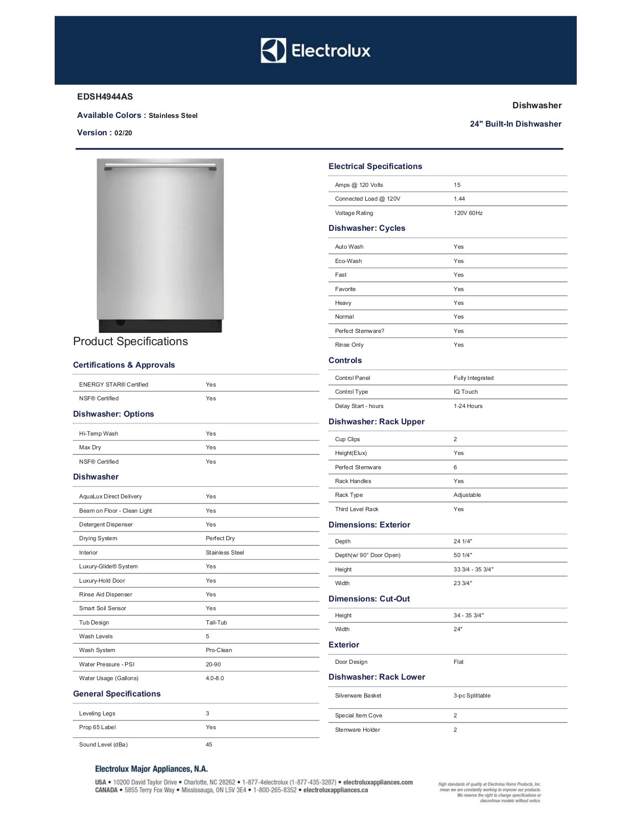 Electrolux EDSH4944AS Specification Sheet