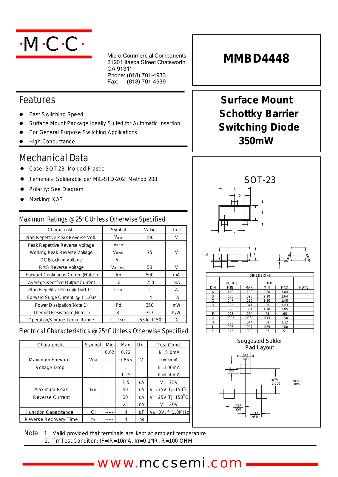 MCC MMBD4448 Datasheet