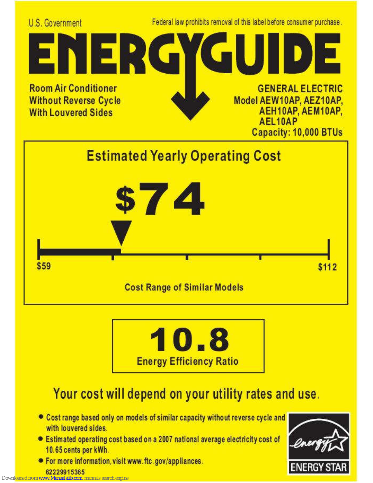 GE AEL10AP, AEL12AP, AEM10AP, AEH10AP, AEZ10AP Energy Manual