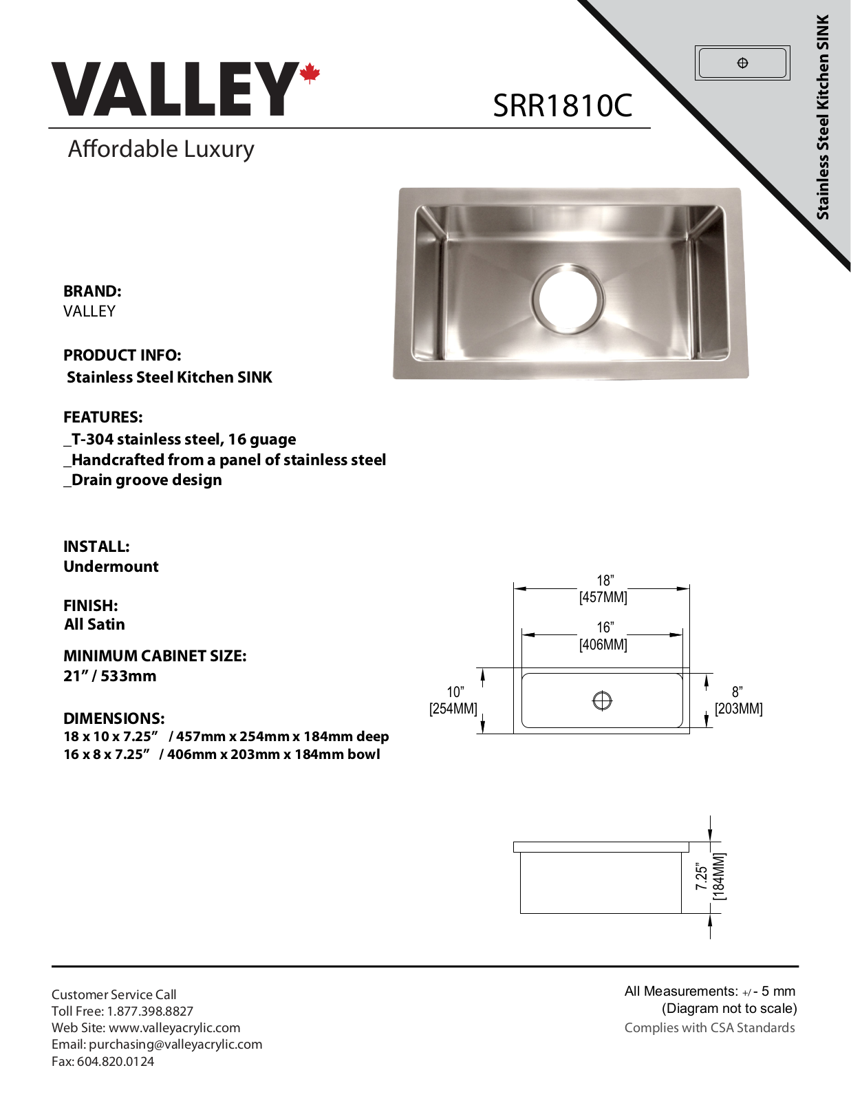 Valley Acrylic SRR1810C User Manual