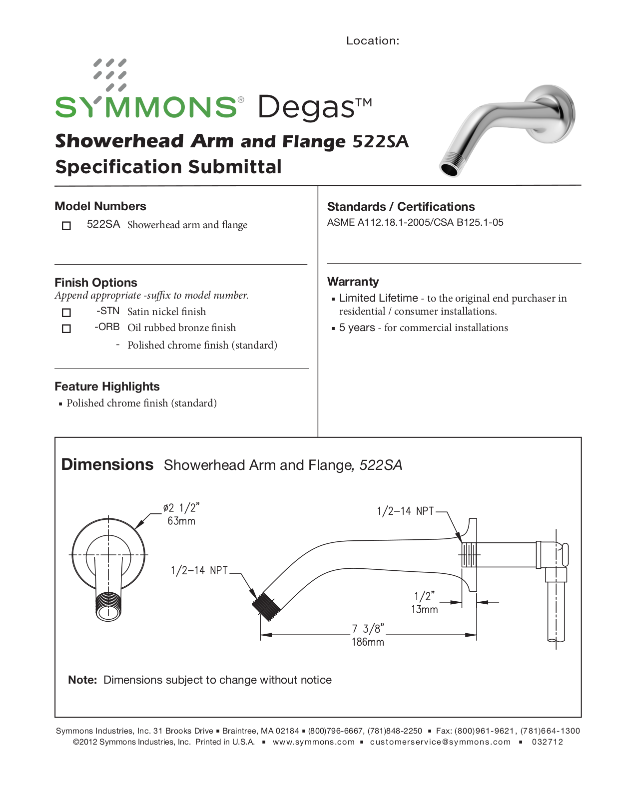 Symmons 522SA User Manual