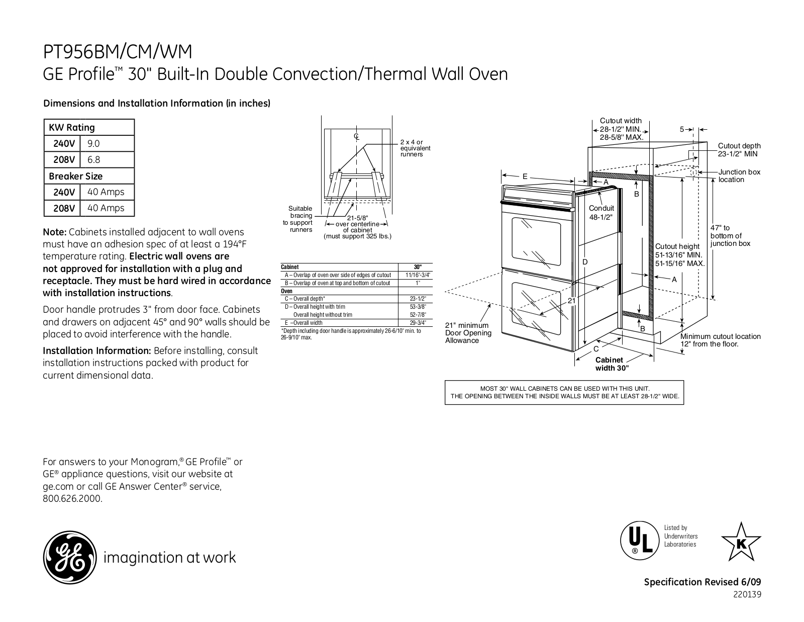 GE PT956BM, PT956CM Specification