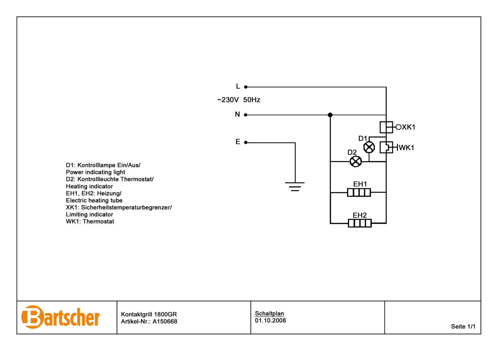 Bartscher A150668, 1800GR Electrical schema