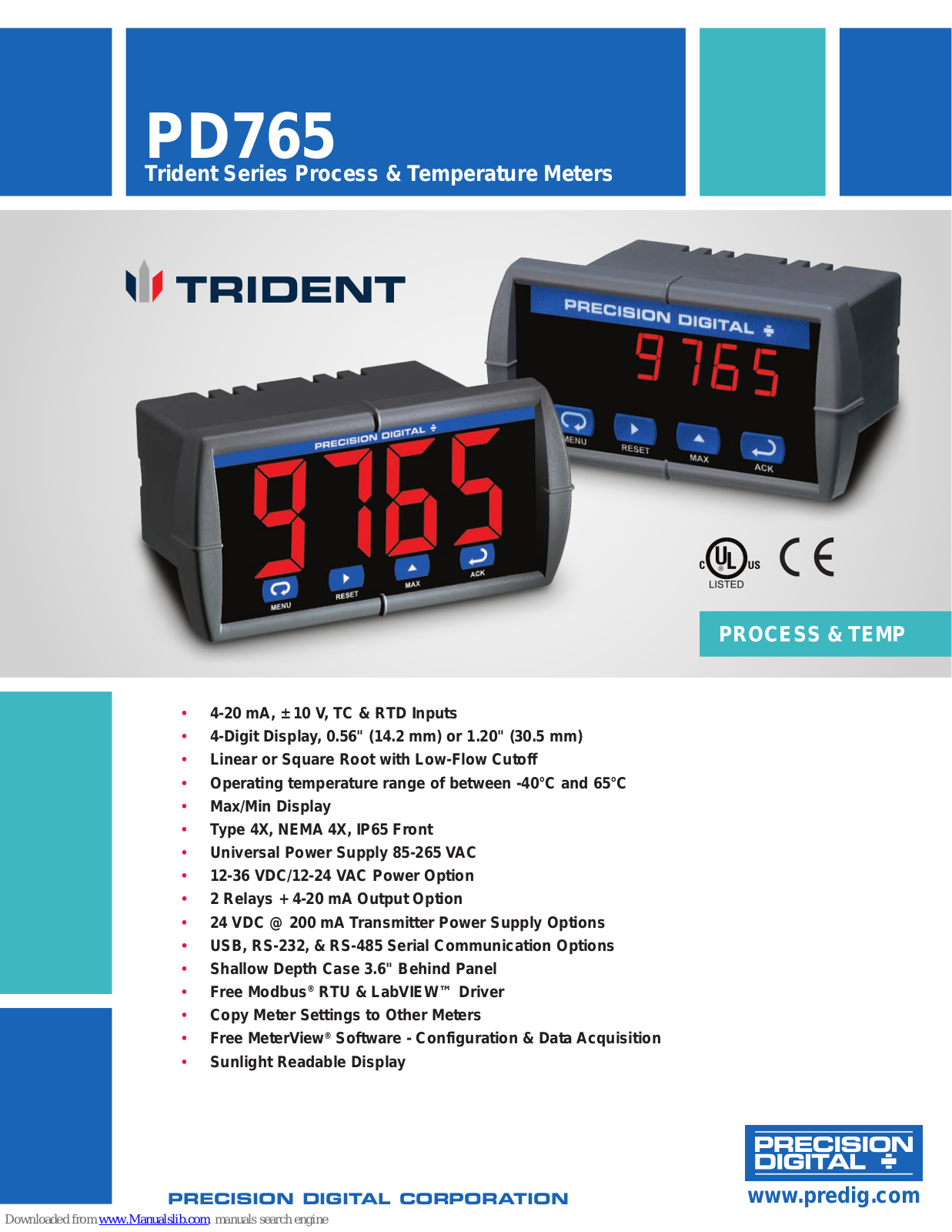 PRECISION DIGITAL Trident PD765, Trident Series Specification Datasheet - ManualMachine.com