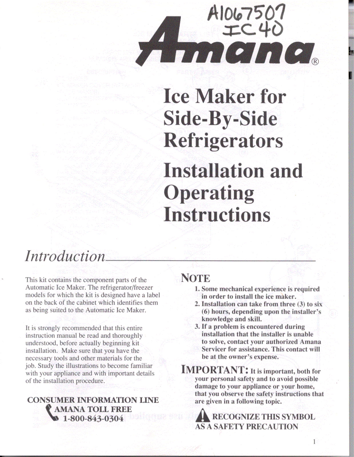 Amana IC4R Owner's Manual