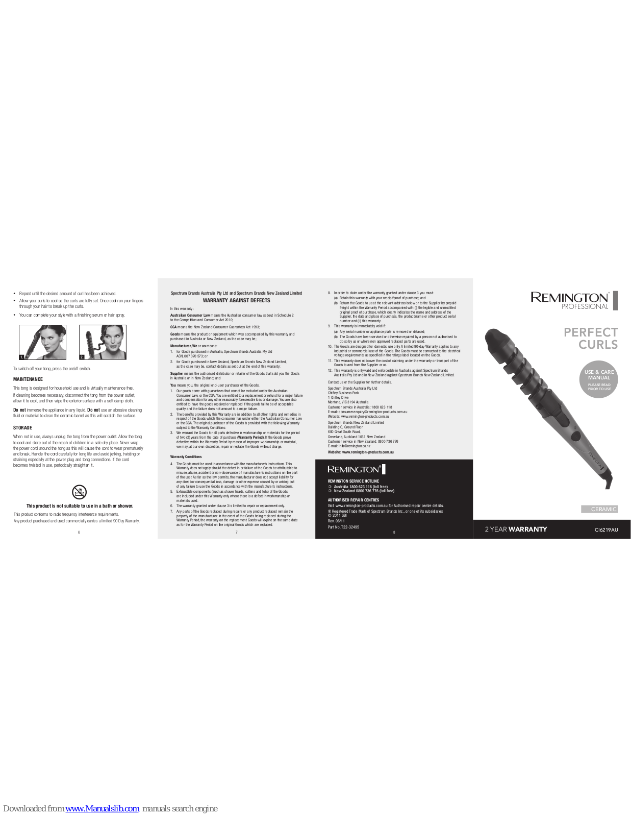 Remington CI6219AU PERFECT CURLS Use & Care Manual