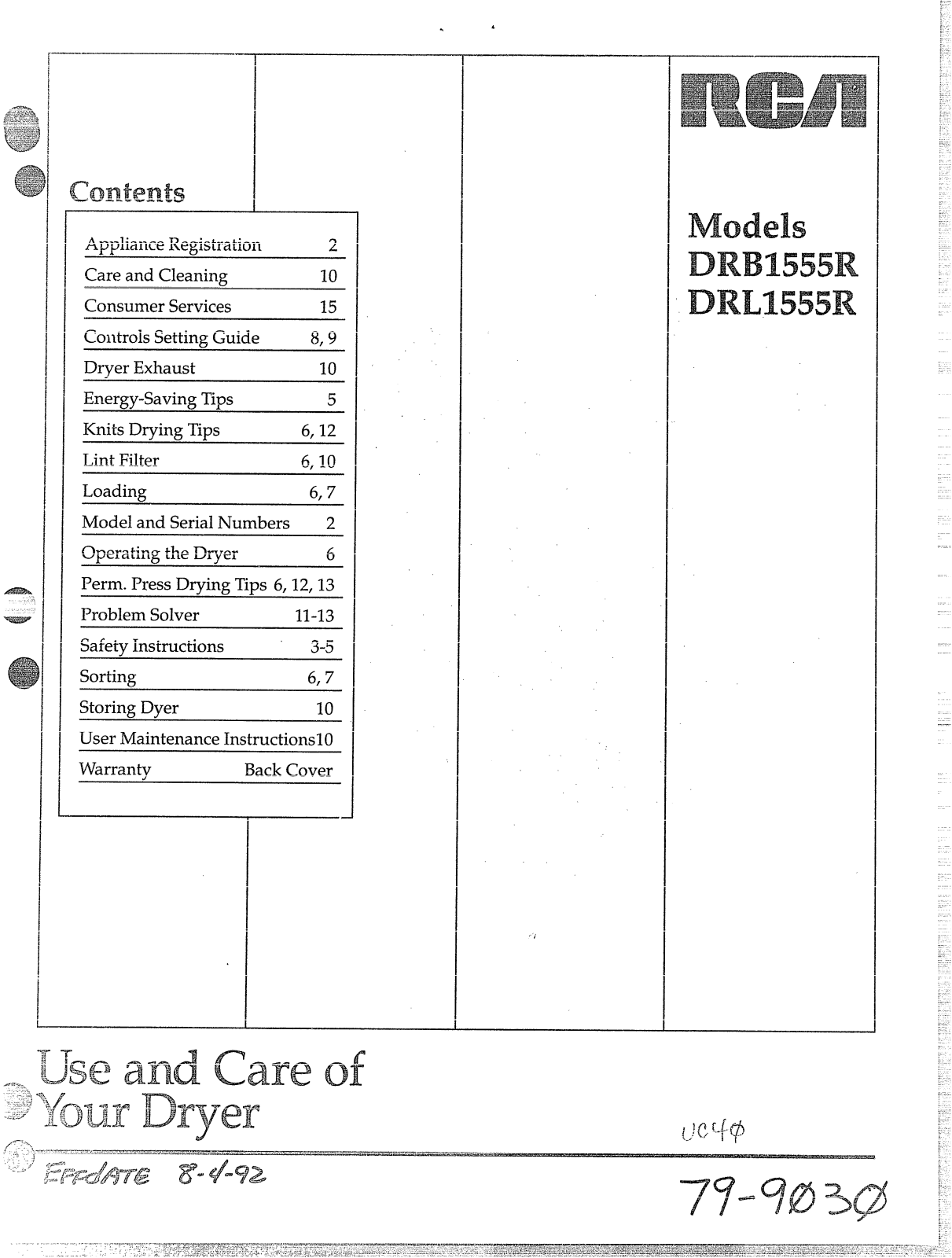 GE DRL1555R, DRB1555R Use and Care Manual