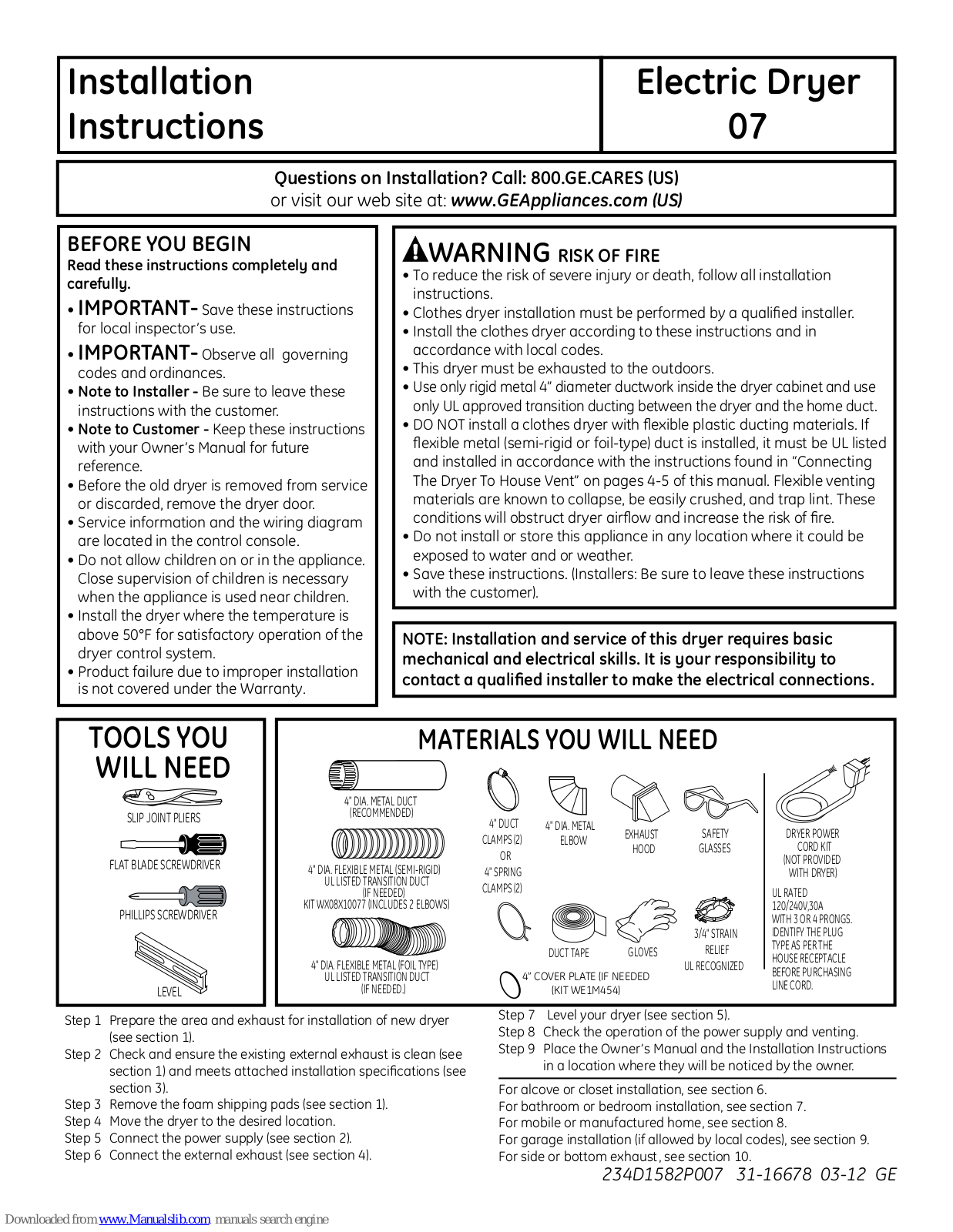 GE GTDL310EMWS, GTDL200EMWW Installation Instructions Manual