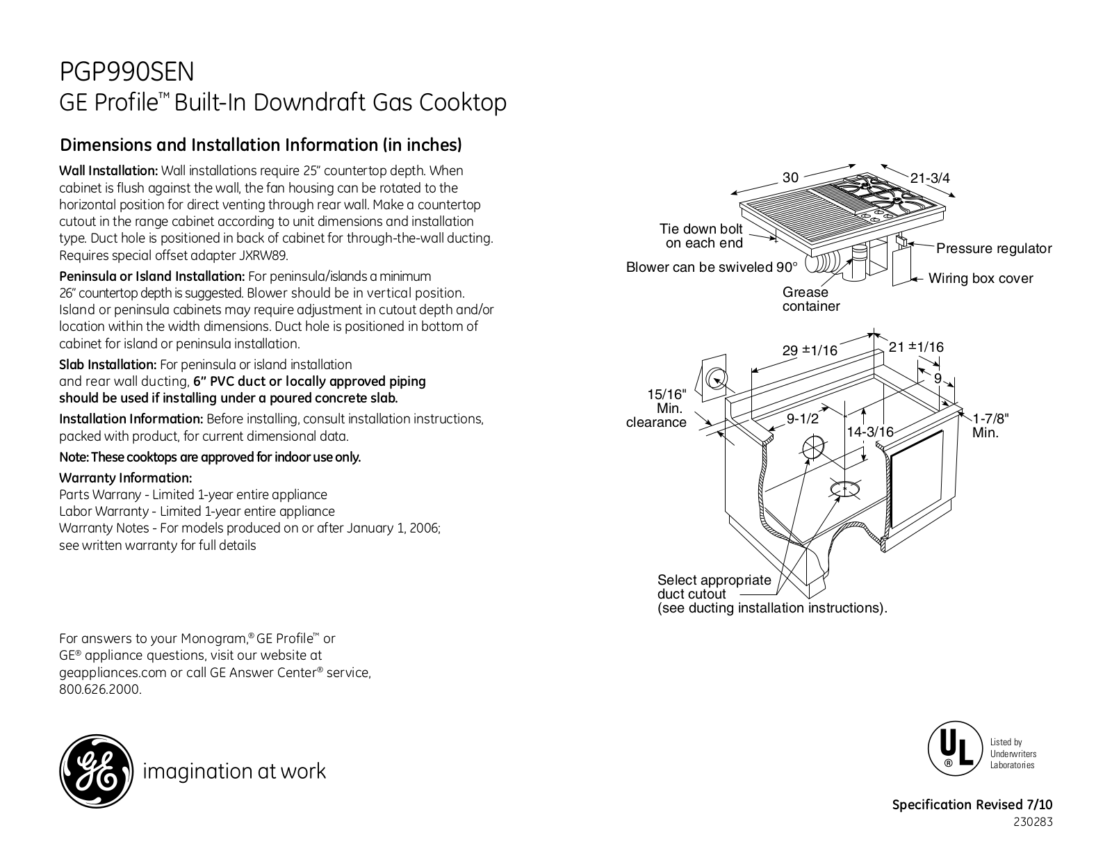 General Electric PGP990SENSS User Manual