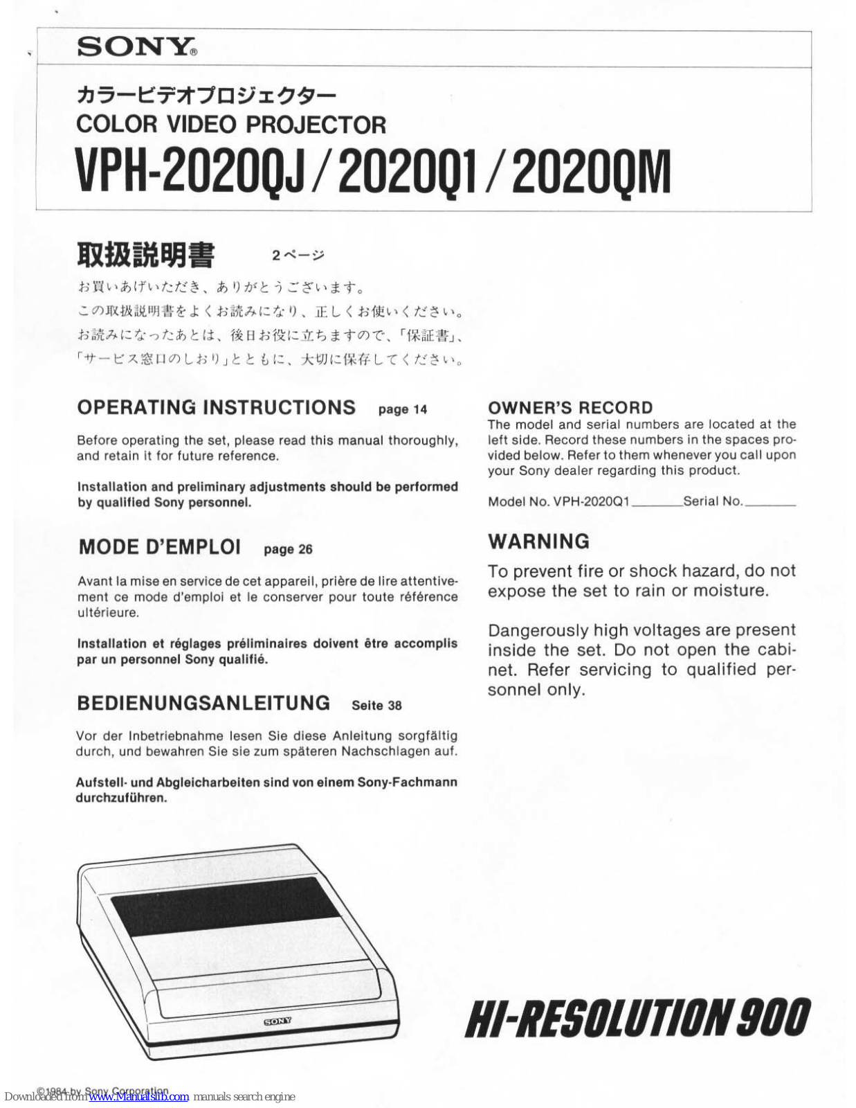 Sony VPH-2020QJ, VPH-2020QM, VPH-2020Q1 Operating Instructions Manual