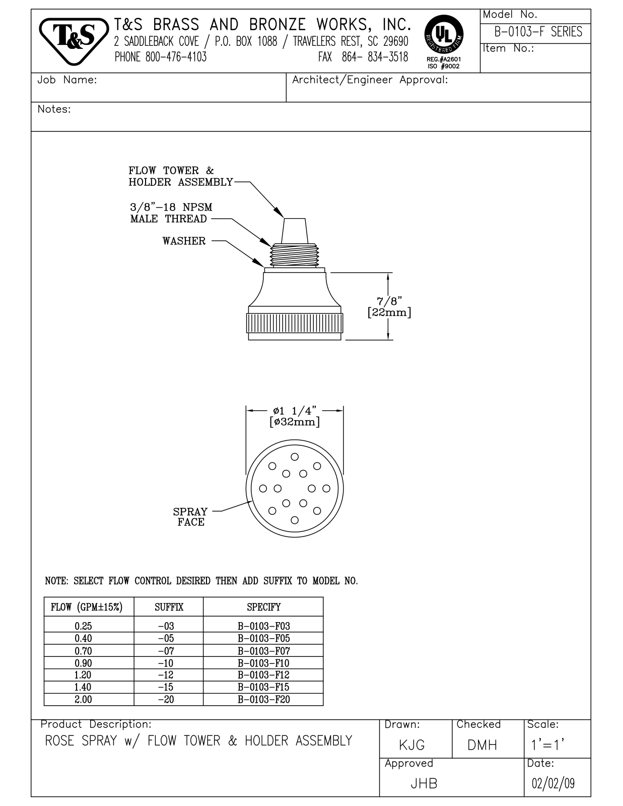 T&S Brass B-0103-F User Manual