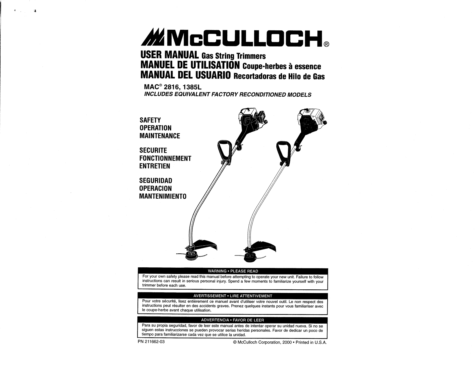 mcculloch EAGER BEAVER 282, 2816, EAGER BEAVER 287, 1385l user Manual