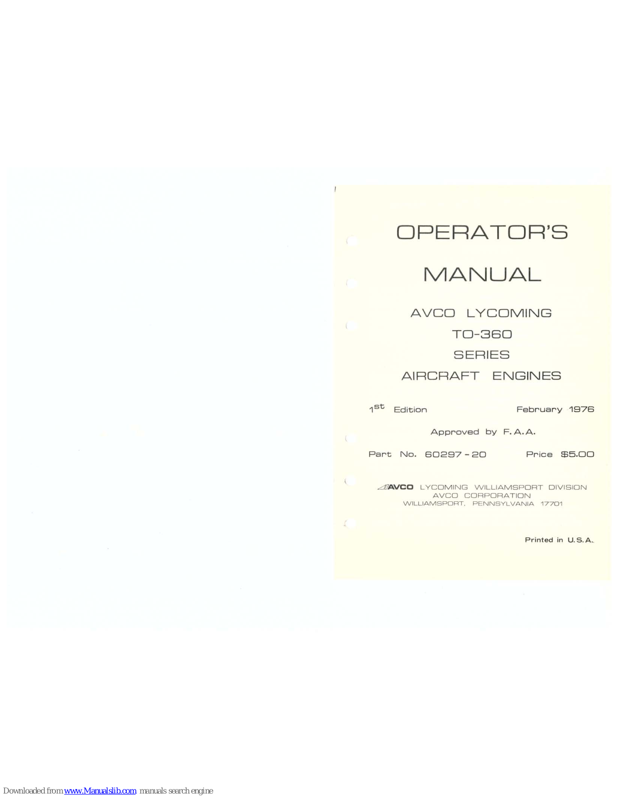 Avco Lycoming TO-360-C, TO-360 Operator's Manual