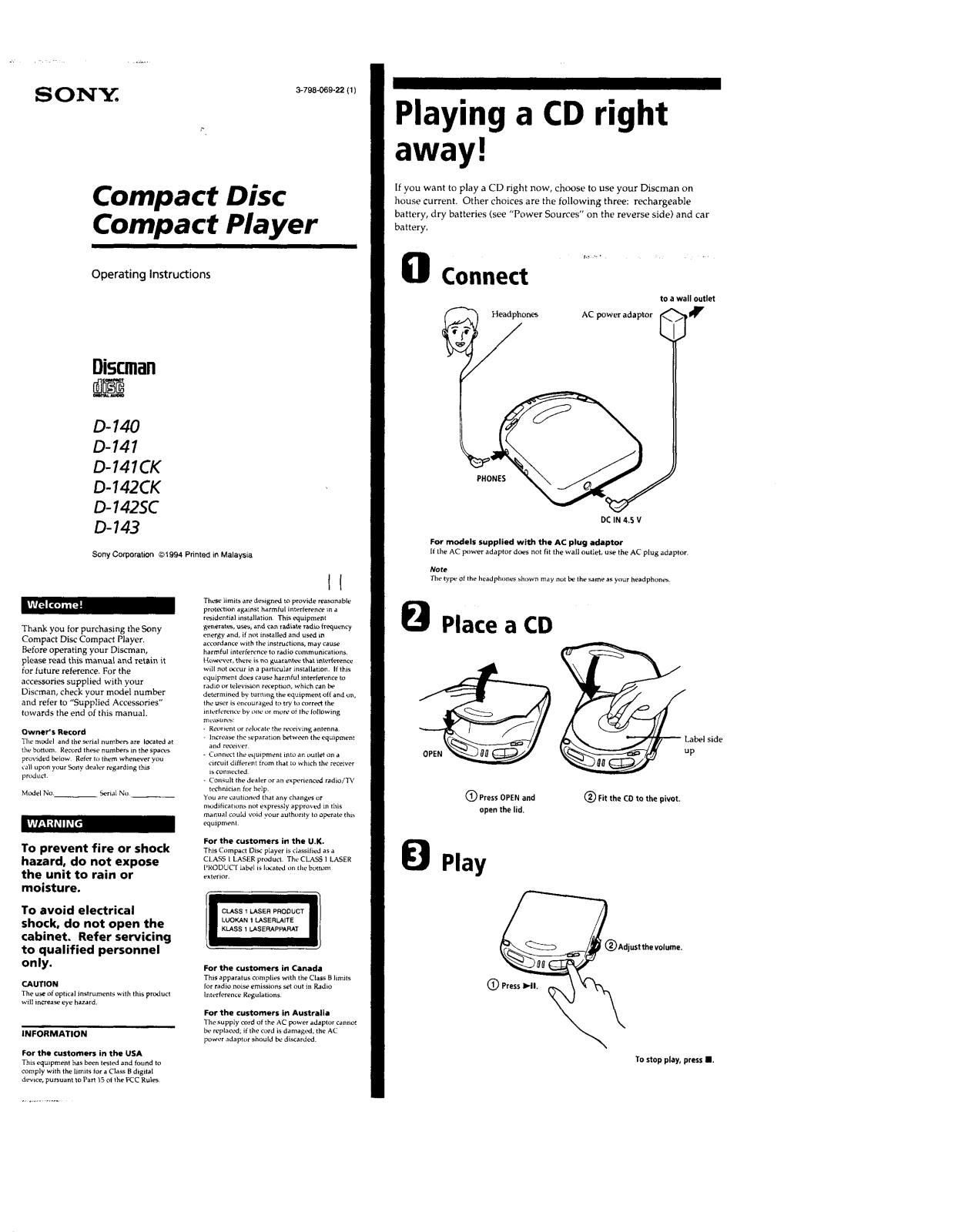 Sony D140, D141, D142CK, D141CK, D142SK Operating Instructions