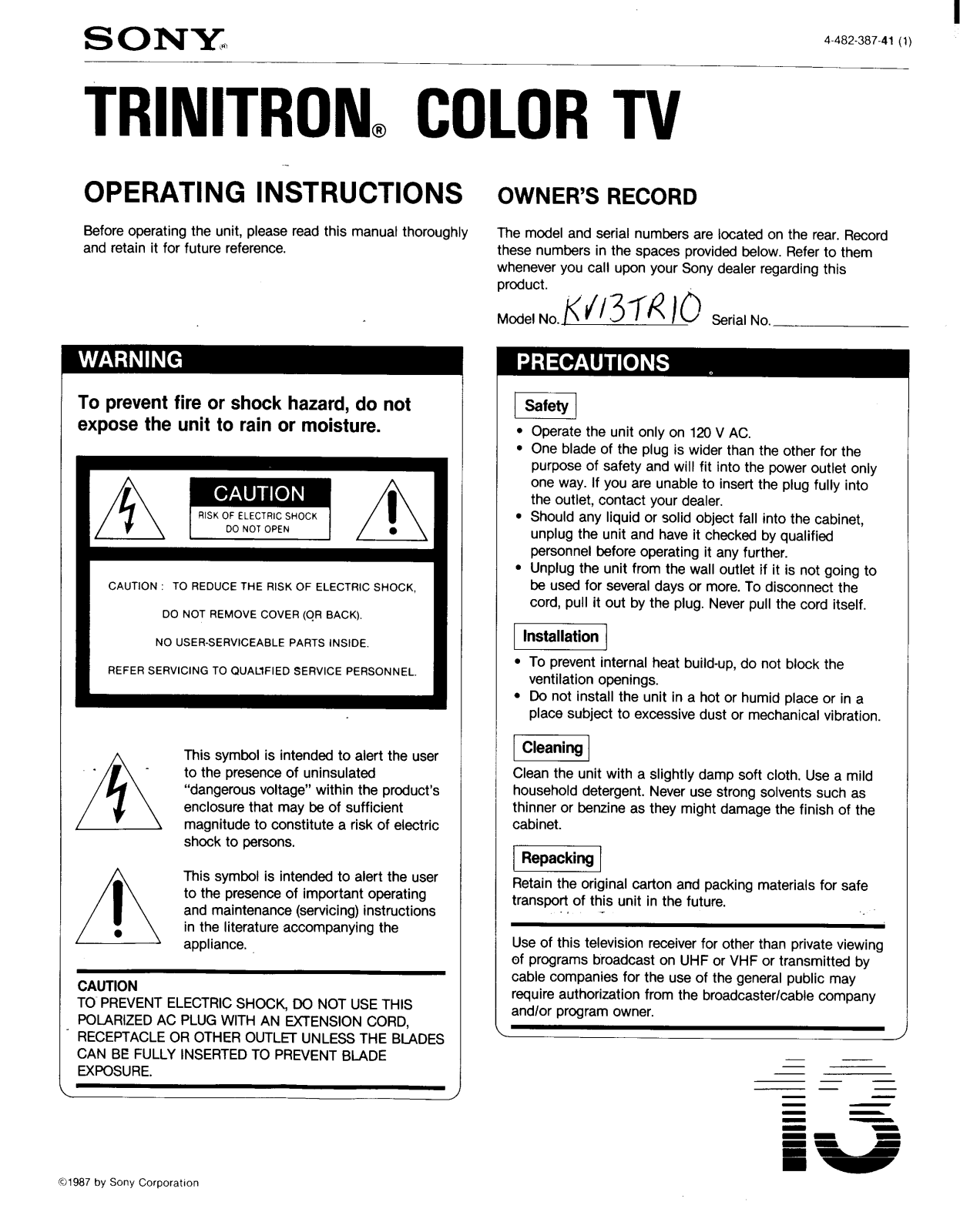 Sony KV-13TR10 Operating Manual