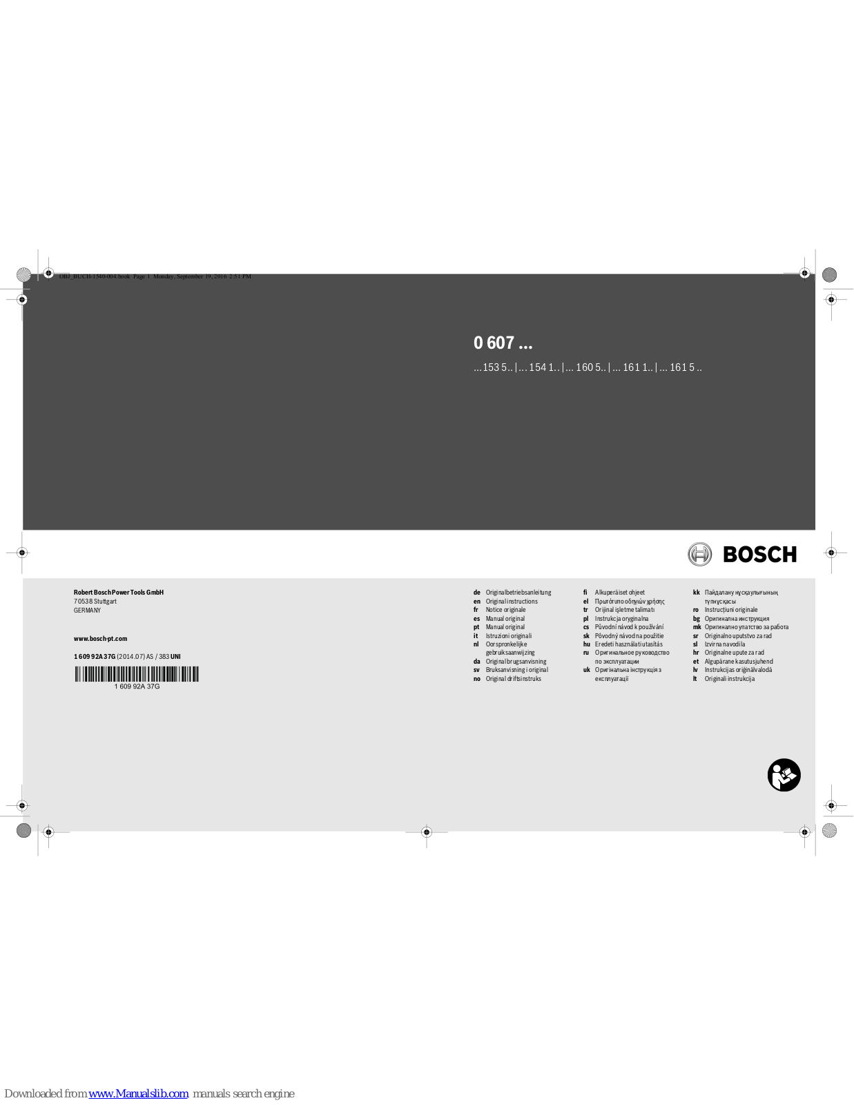 Bosch 0 607 160 501, 0 607 153 520, 0 607 160 502, 0 607 160 503, 0 607 160 505 Original Instructions Manual