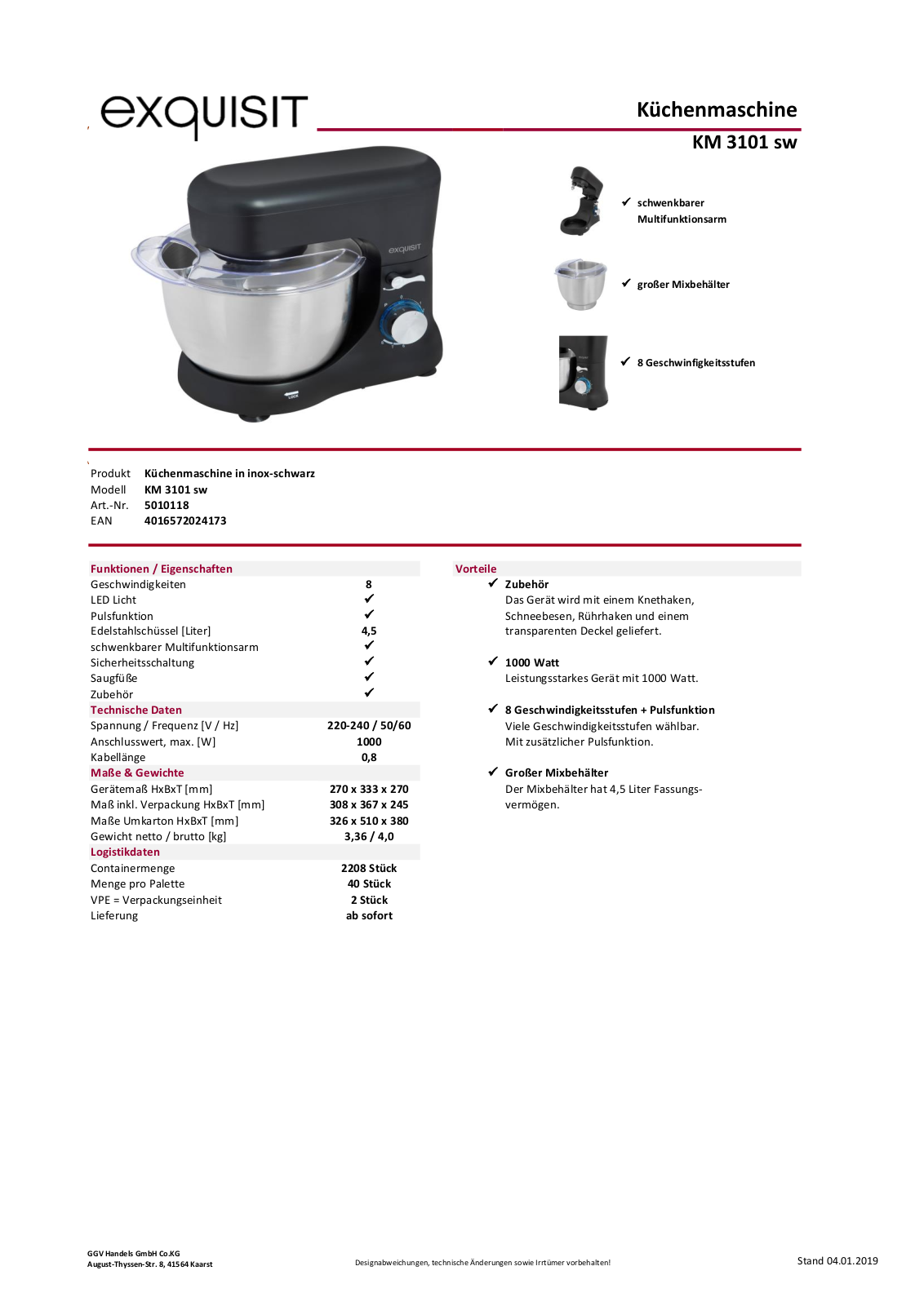 exquisit KM 3101 sw Technical data