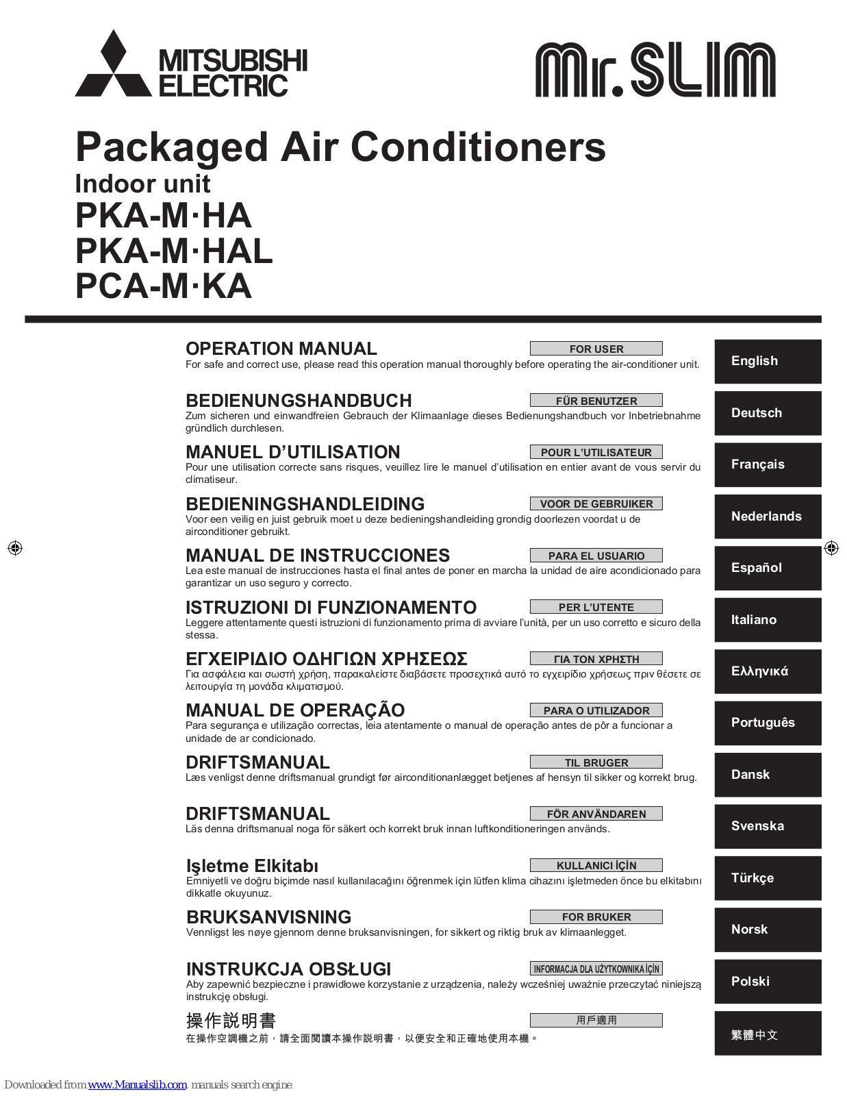 Mitsubishi Electric PKA-M-HAL, PKA-M-HA, PCA-M-KA Operation Manual