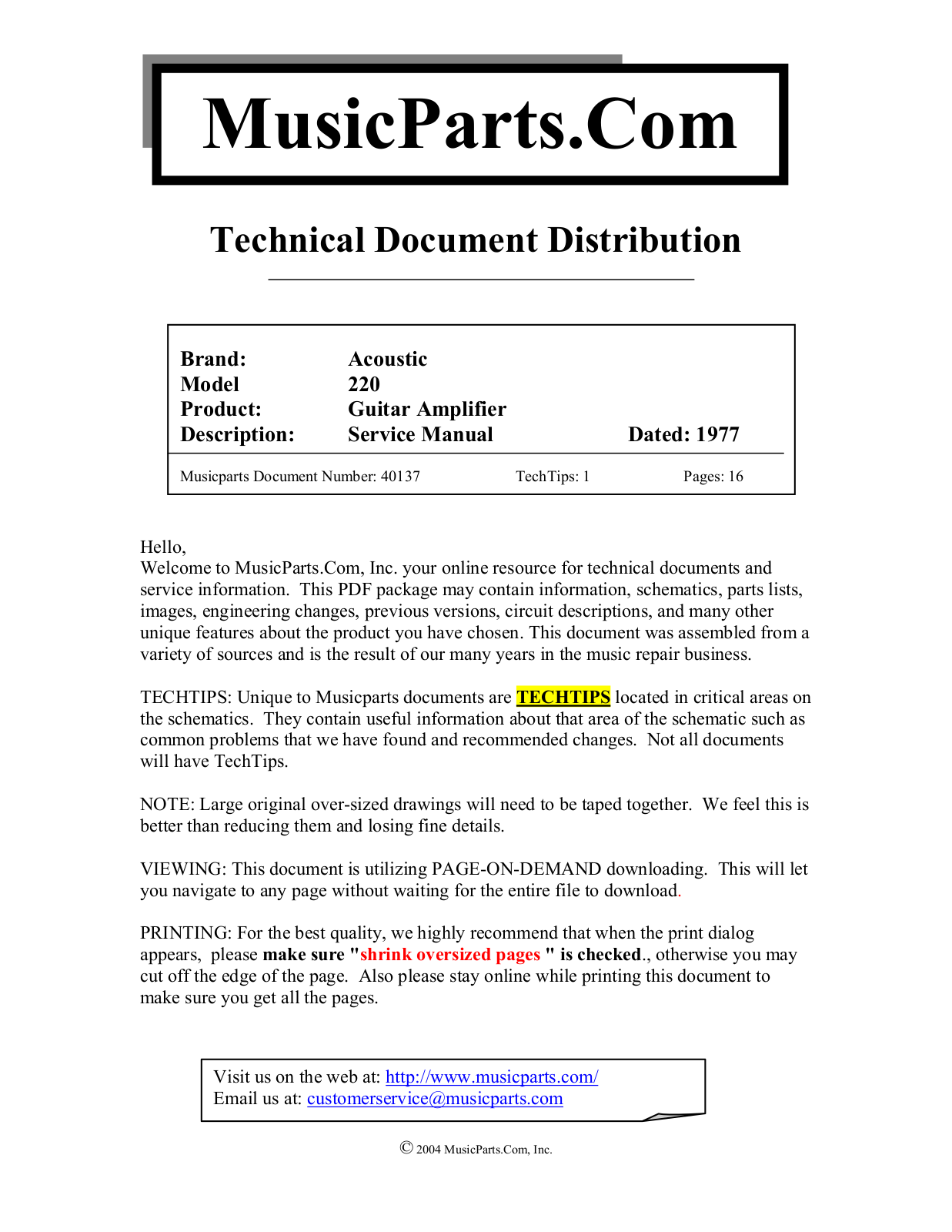 MusicParts 220 SERVICE MANUAL