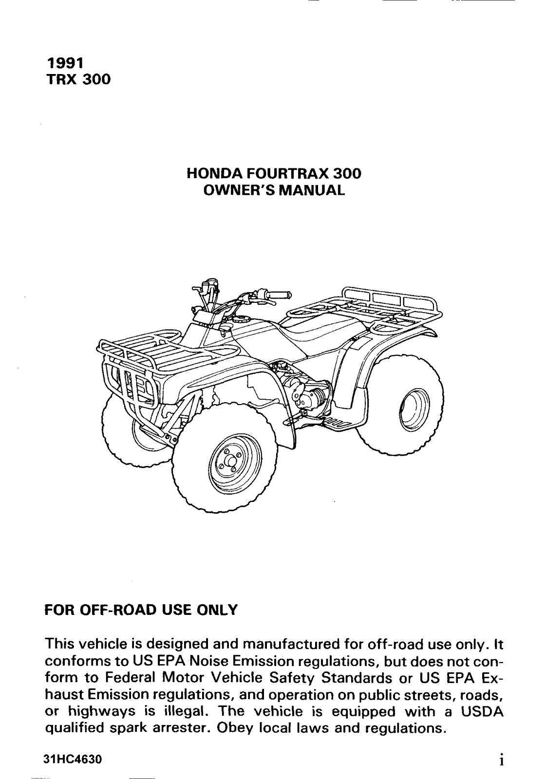 Honda TRX300 1991 Owner's Manual