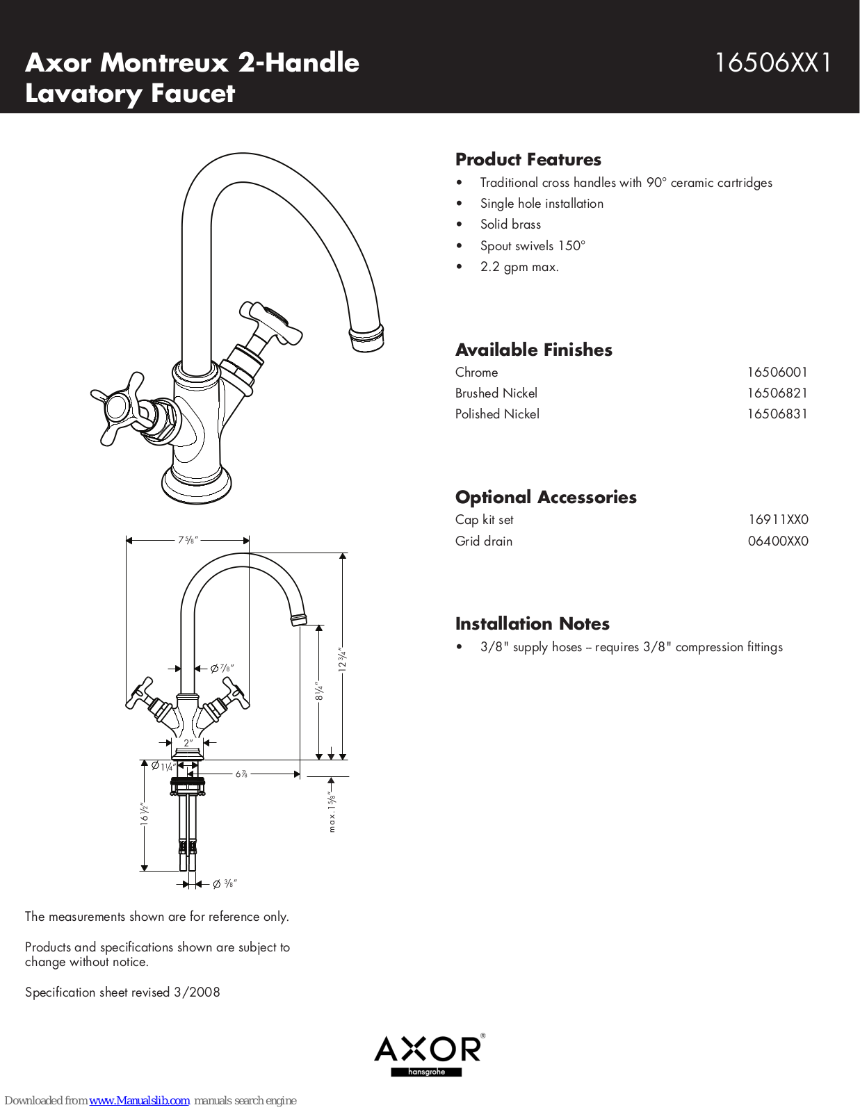 Axor 16506001, 16506821, 16506831 Specification Sheet