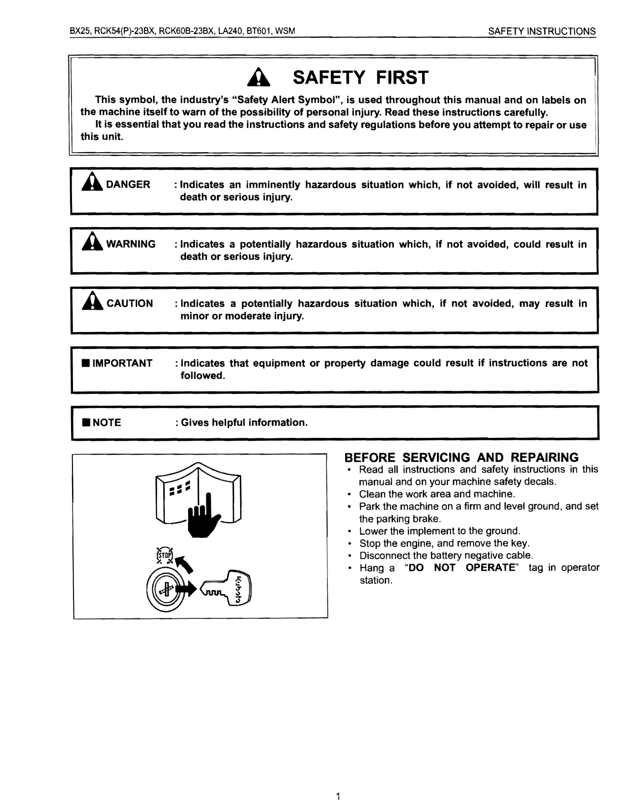 Kubota BX25, RCK54P-23BX, RCK60B-23BX, LA240, BT601 Service Manual