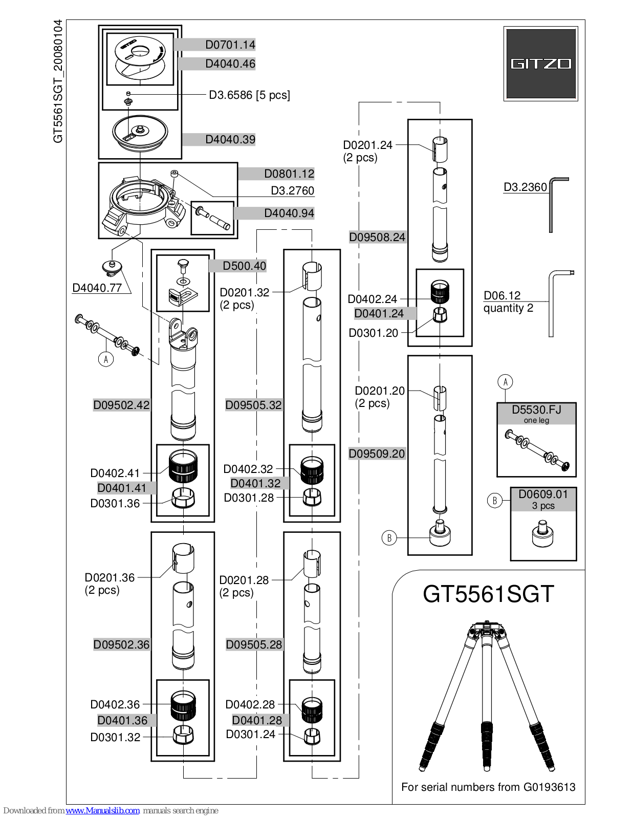 Gitzo Series 5 Systematic GT5561SGT, 5 GT5561SGT Parts List