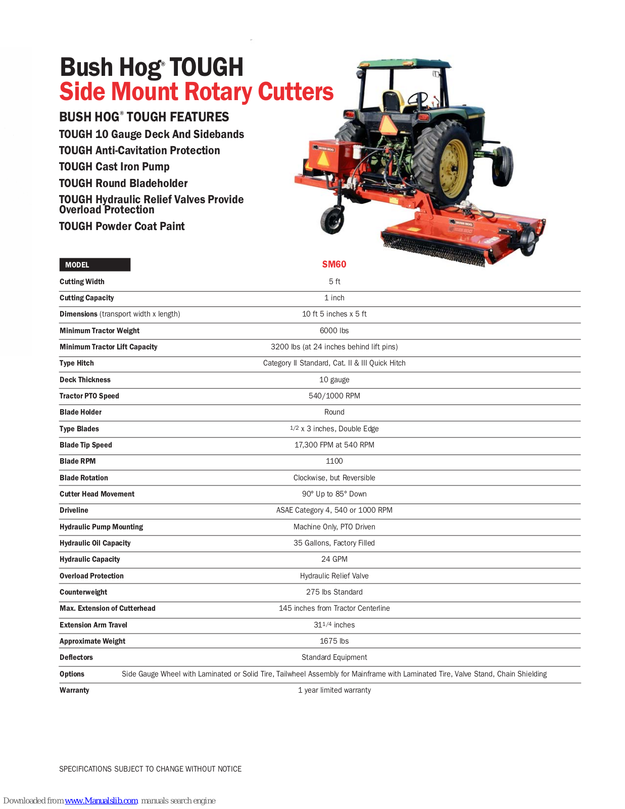 Bush Hog TOUGH SM60 Specification Sheet