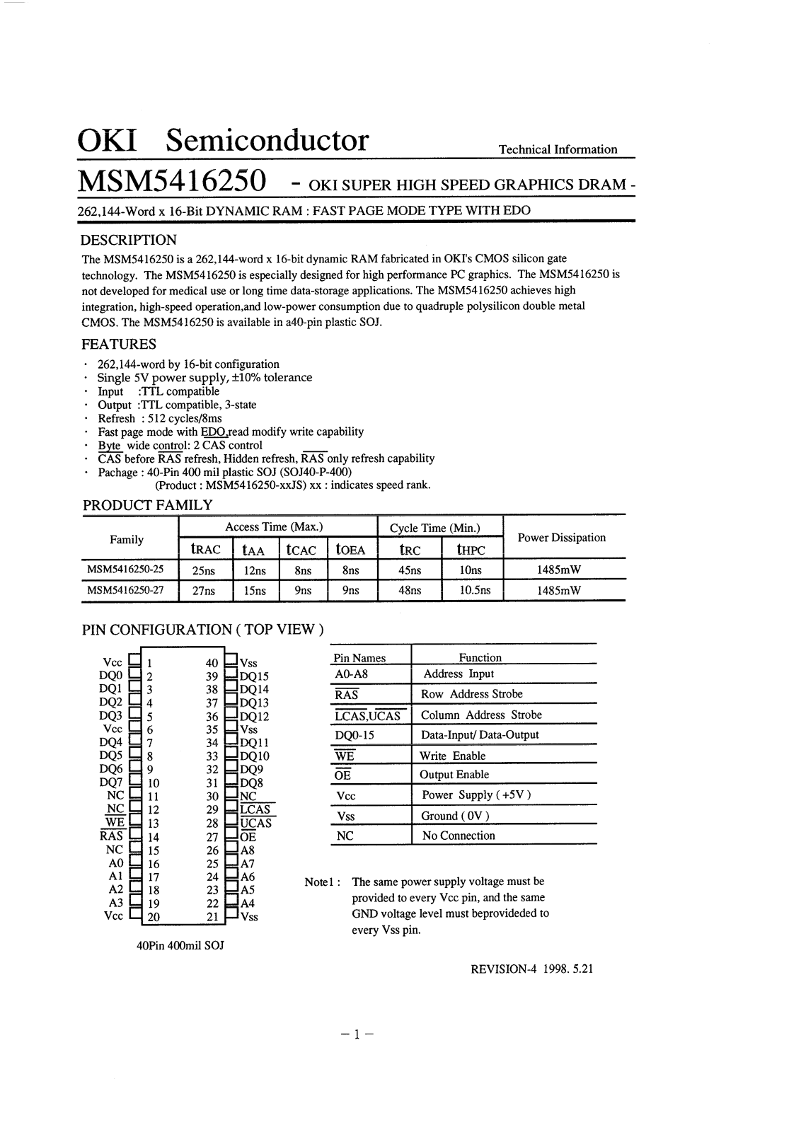 OKI MSM5416250-27JS, MSM5416250-25JS Datasheet